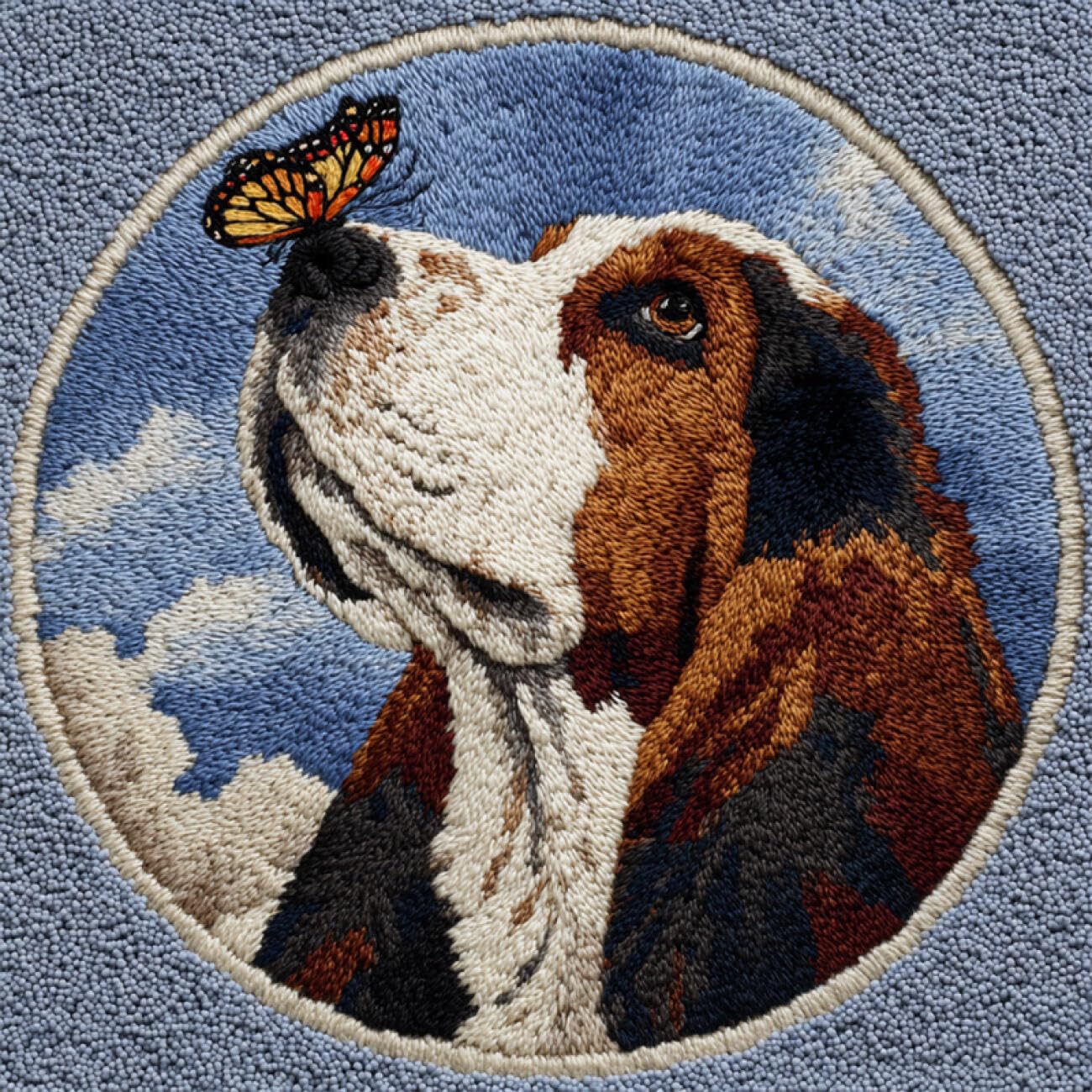 Kitquiver Dog Animal Latch Hook Craft Kits Basset Hounds and Papillons DIY Latch Hook Kit，Self-Knotting Set for Adults，Pre-Printed Colour Pattern 100x100cm