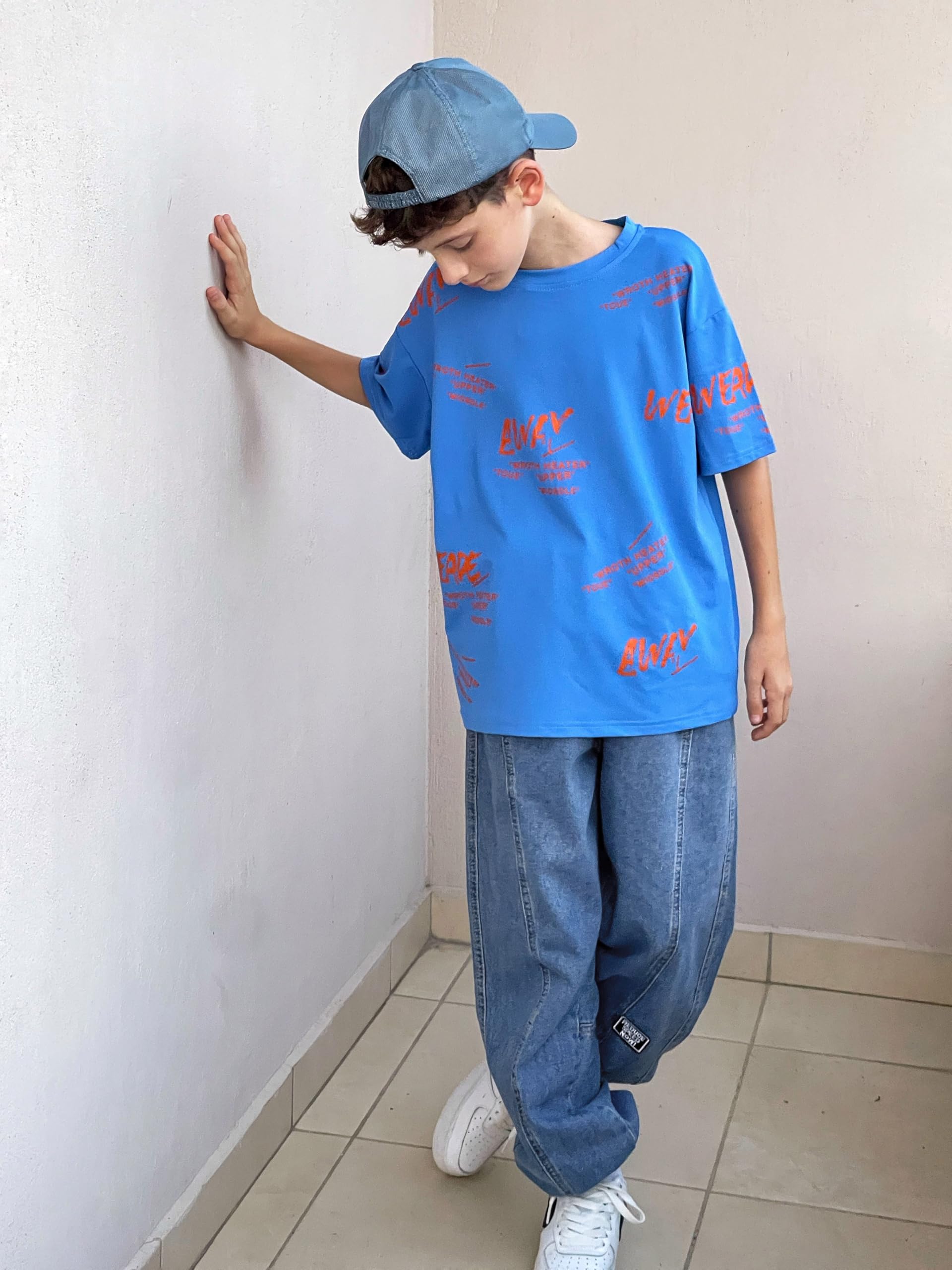 Rolanko Pantalones de mezclilla holgados para niños, elásticos, de ajuste recto, holgados, para niños de 4 a 14 años