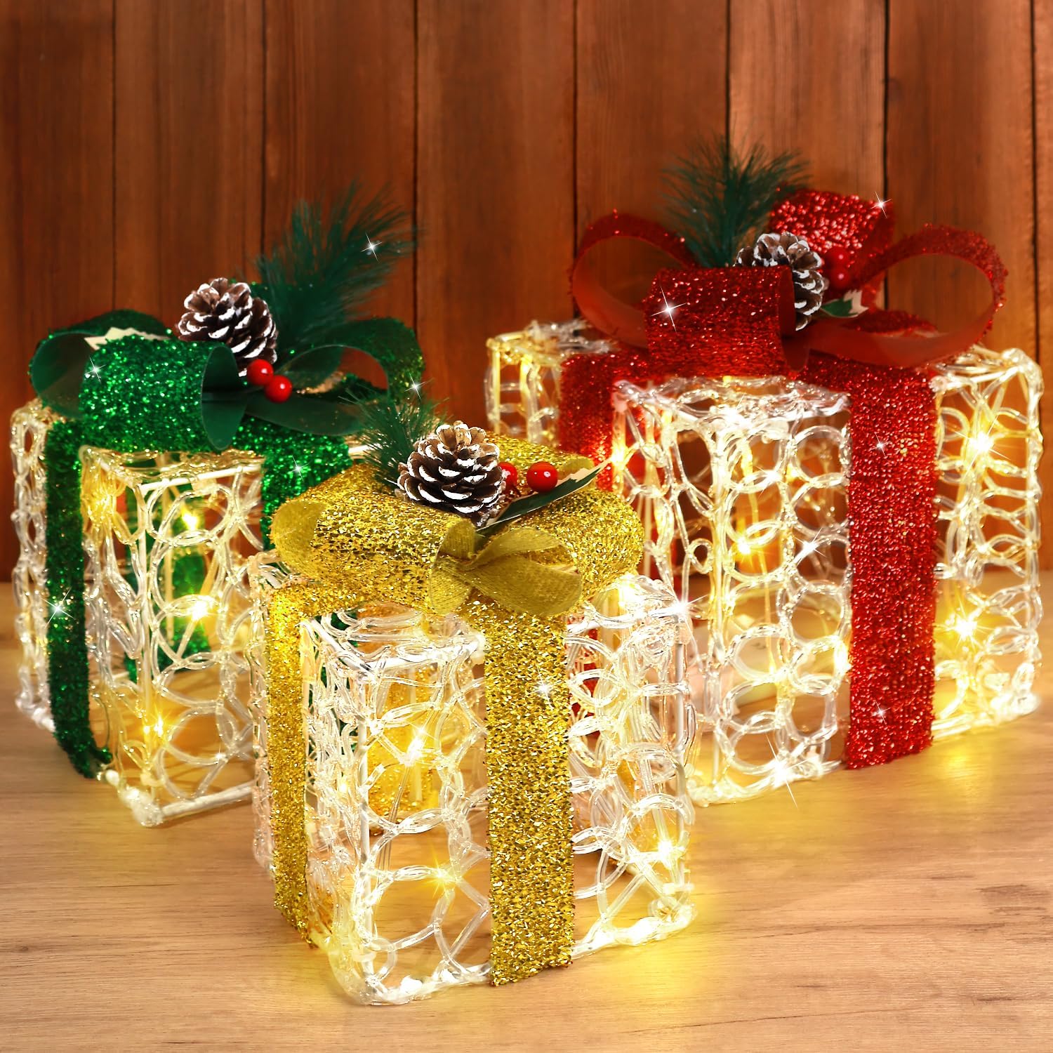 Set of 3 Valentines Day Decorations, Indoor Outdoor Christmas Decorations with 60 Warm White Lights, Clear Acrylic with Bow Pine Cones, Gifts for Mom(Classic)