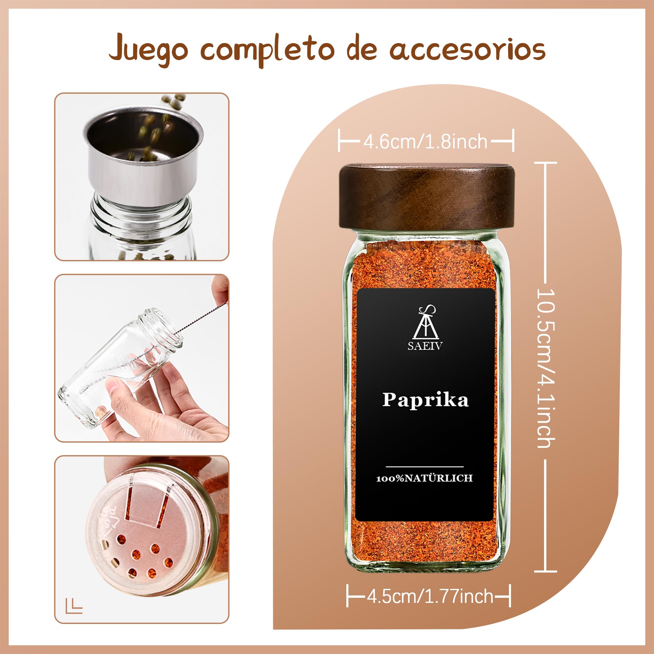 SAEIV Elegante Botes de Especias en Cristal Acacia (24 x 120 ml), Almacenaje Cocina Cuadrado con Etiqueta - Juego Utilitario