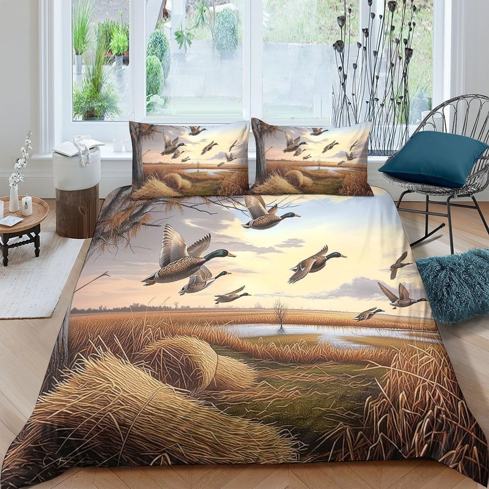 Ctjqhvkz Style-7 3D Printed Flying Goose Fitted Sheet Microfiber Soft Scenic Wetland Mattress Cover For Bedroom Guest Room Decor Single（135X200cm）