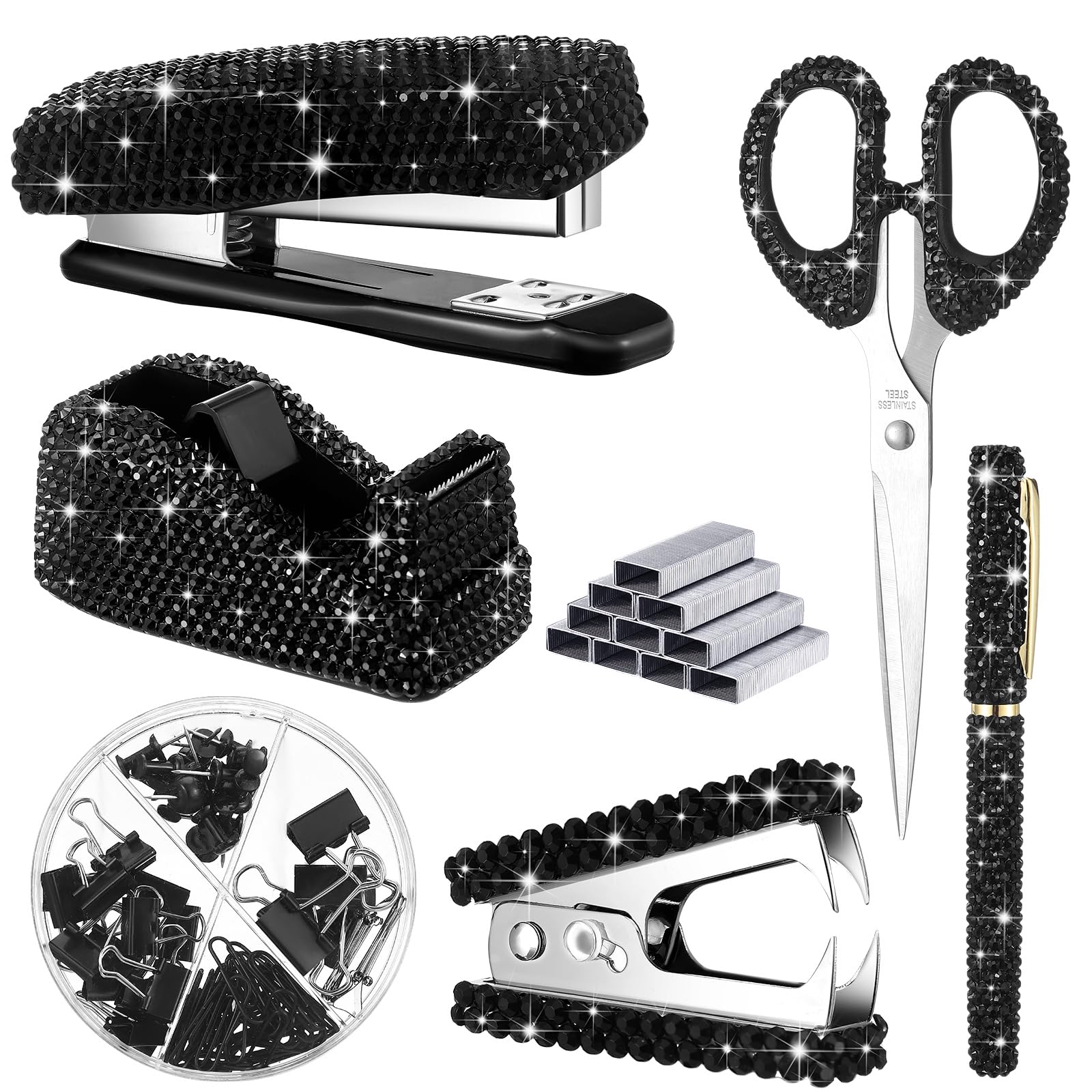Demissle 6 Pcs Bling Office Desk Accessories Set Crystal School Stationery Kit Scissor Stapler with Staple, Tape Dispenser, Diamond Pen, Staple Remover, Binder Clip, Paper Clip, Push Pins(Black)