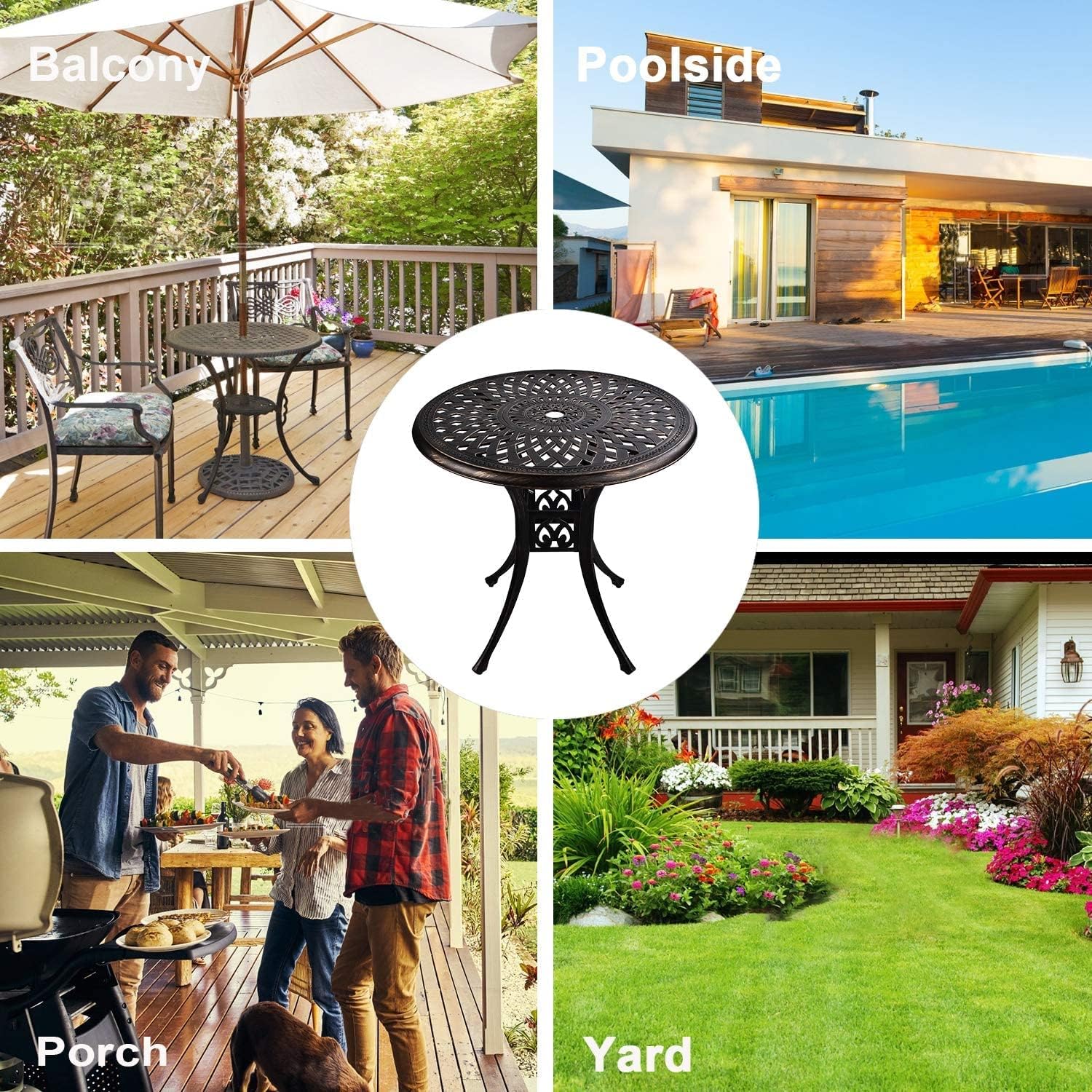 31" Round Patio Bistro Dining Table Cast Aluminum with Umbrella Hole Conversation Table, Antique Bronze (31" Round Table)