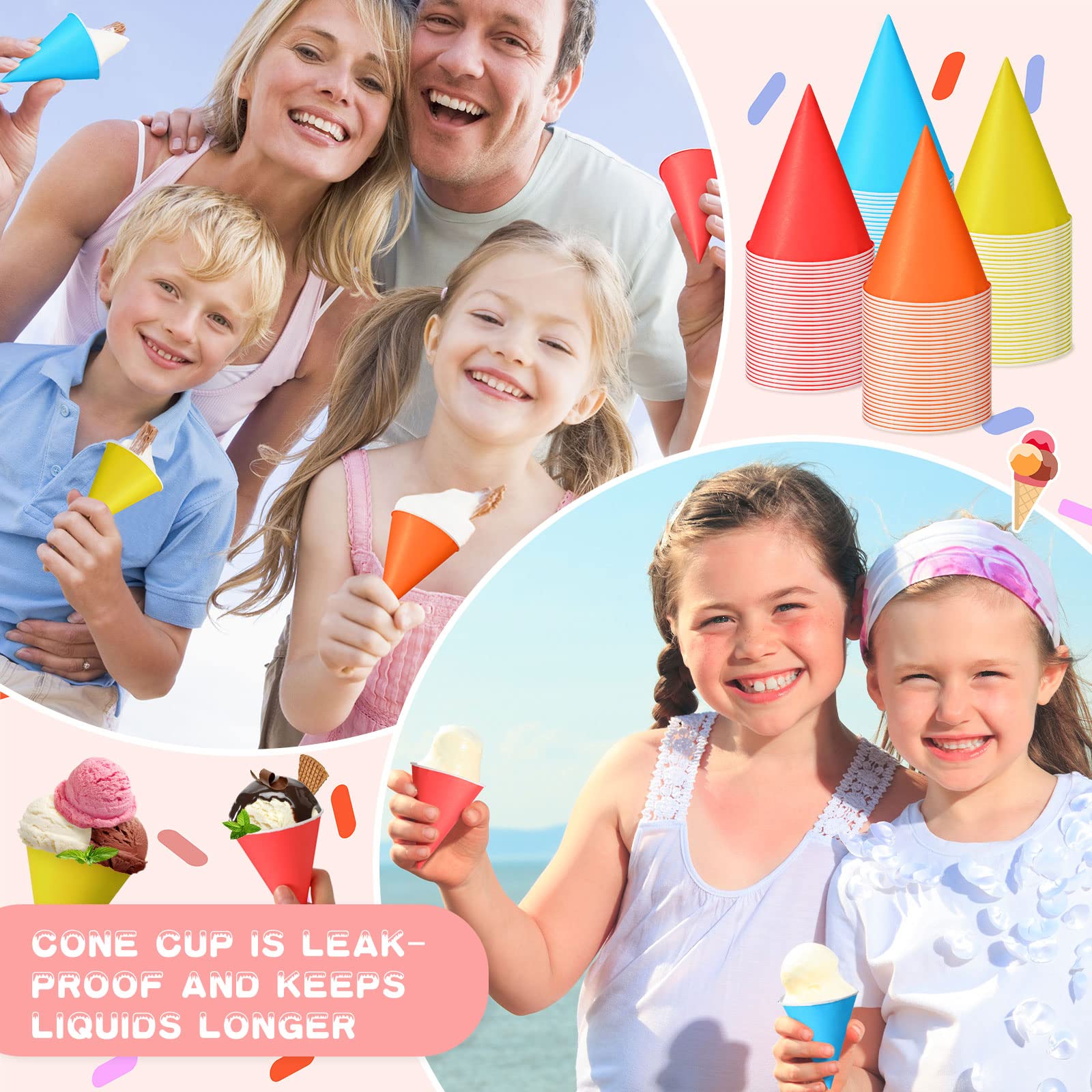 Eaasty 50 Pcs Snow Cone Cups 4.5 oz Disposable Paper Cone Cups Colored Polka Dot Leakproof for Slush Shaved Ice Cream Sorbet Water, Party Wedding
