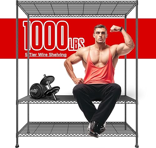 Miniatura 5 de REIBII Estantes de almacenamiento de 45.8 pulgadas de ancho, estantería de alambre de 5 niveles, estantería de garaje resistente, estante de