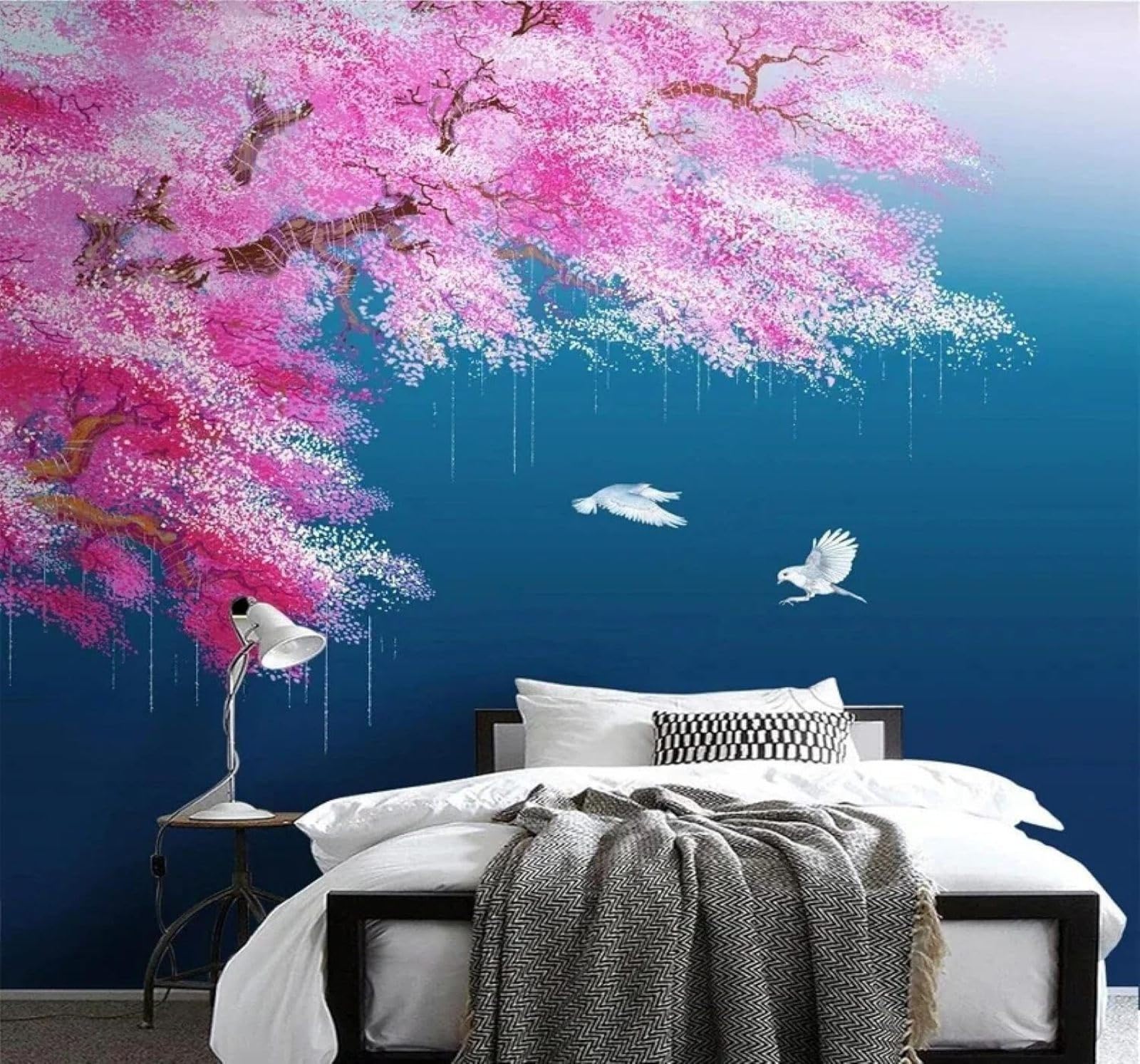 Tzxztt Pink Ink Peach Blossoms Blue River Modern 3D Wallpaper Premium Textured Silk Neutral Tones Material Ideal for Living Room Bedroom-150cm×105cm