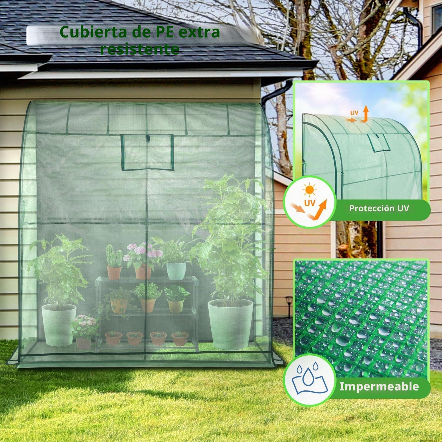 Ohuhu - Invernadero adjunto con toldo de invierno y estante de 3 niveles gratuito, invernadero de plástico con malla de rejilla resistente a los rayos UV para macetas 200x100x210 cm Verde