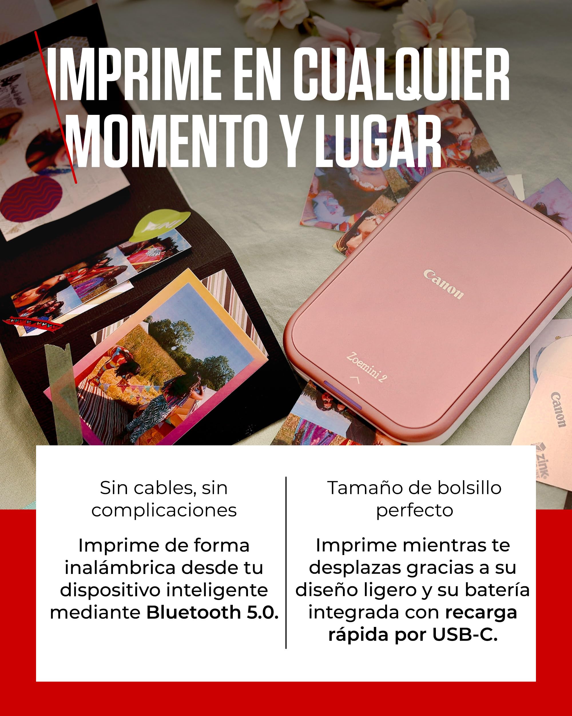 Canon Zoemini 2 Impresora Fotográfica Instantánea Compacta Bluetooth 5.0 USB-C Rosa