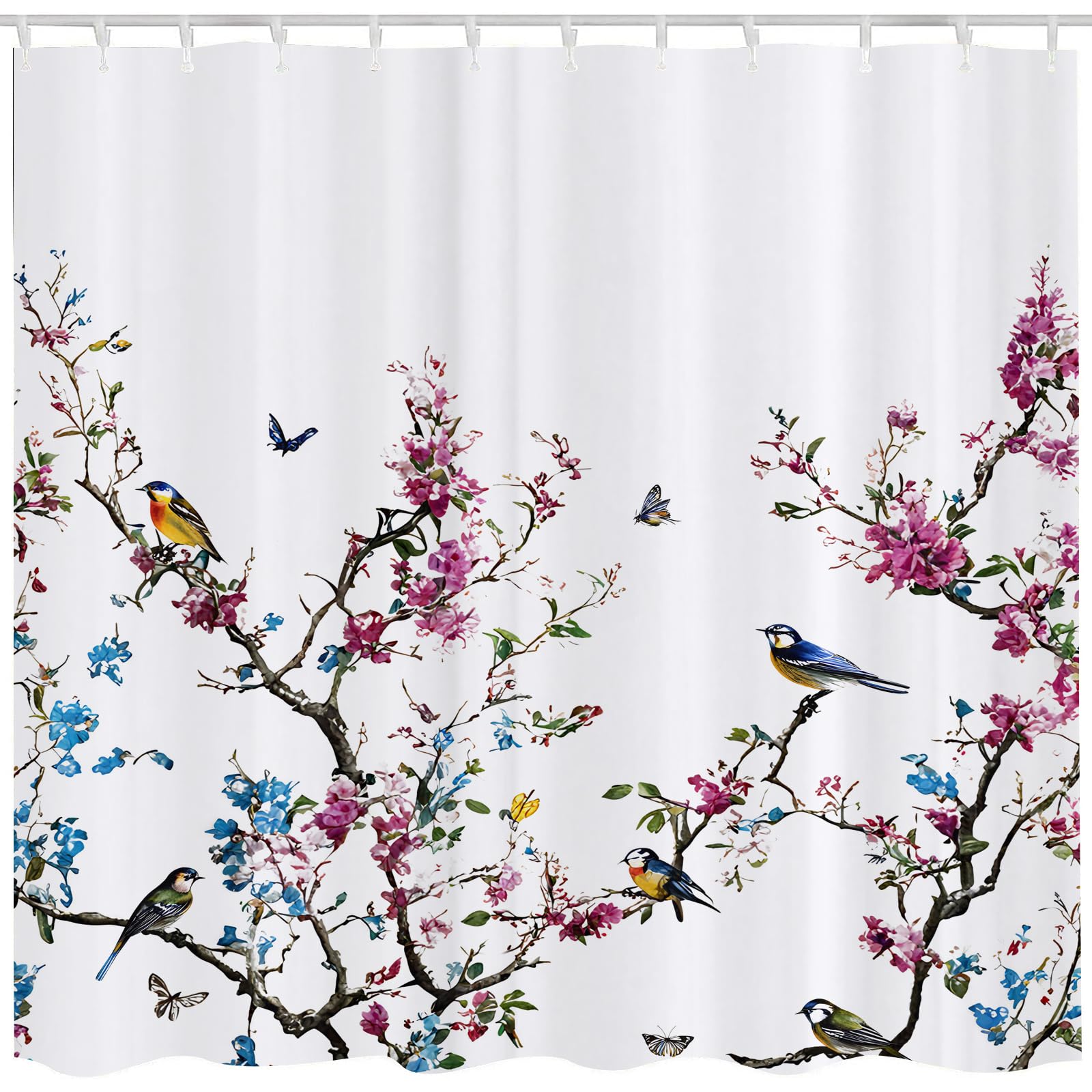 Qucarder Bird Floral Butterfly Shower Curtain White Bath Curtain Waterproof Shower Curtains for Bathroom Decor with 12 Hooks 72x72 Inch
