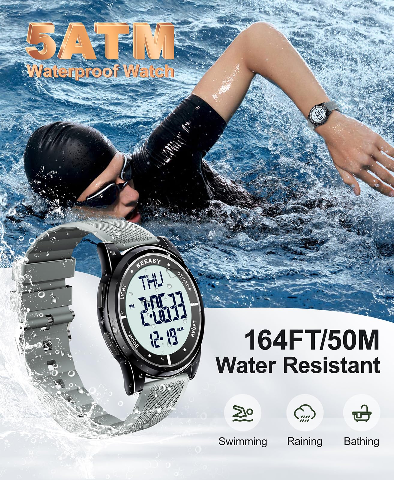 Beeasy Orologio digitale impermeabile con cronometro, sveglia, conto alla rovescia, doppio fuso orario, ultra sottile, super grandangolo, orologio da polso digitale per uomo e donna