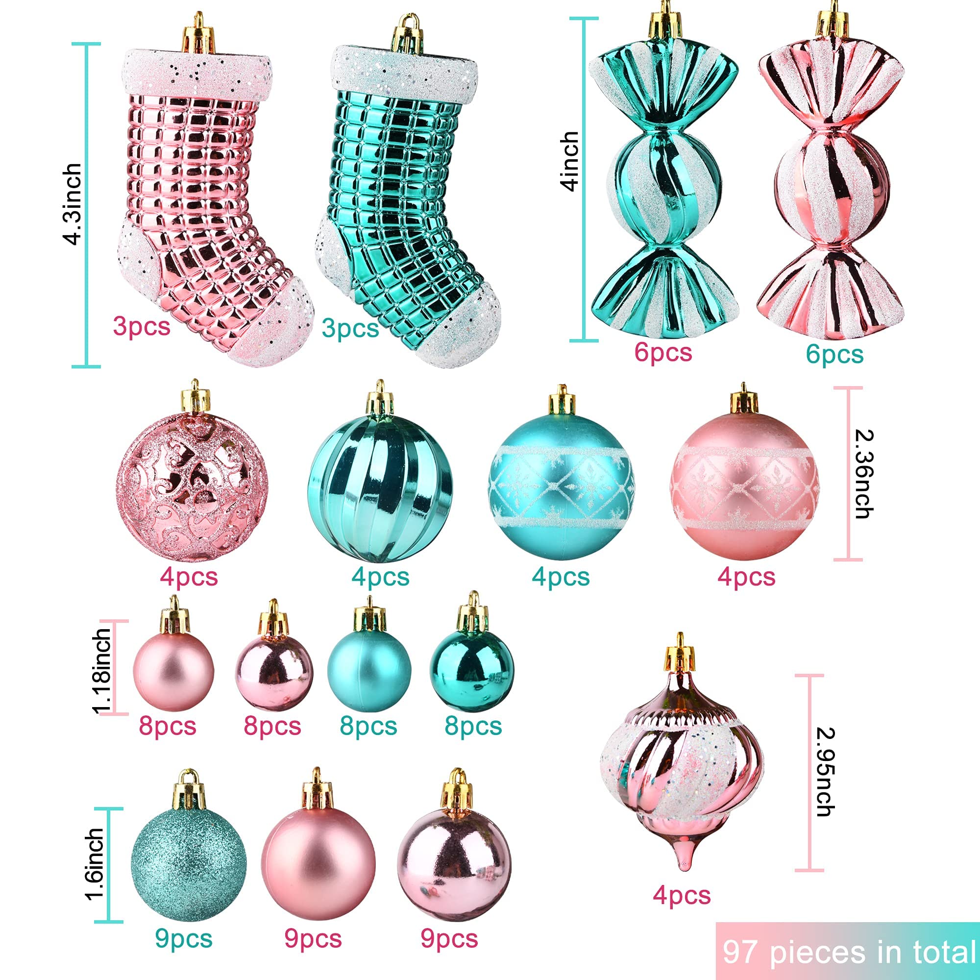 PIIDUOO Lot de 97 Boules de Noël en Plastique Turquoise Rose Mat à Paillettes pour Sapin de Noël