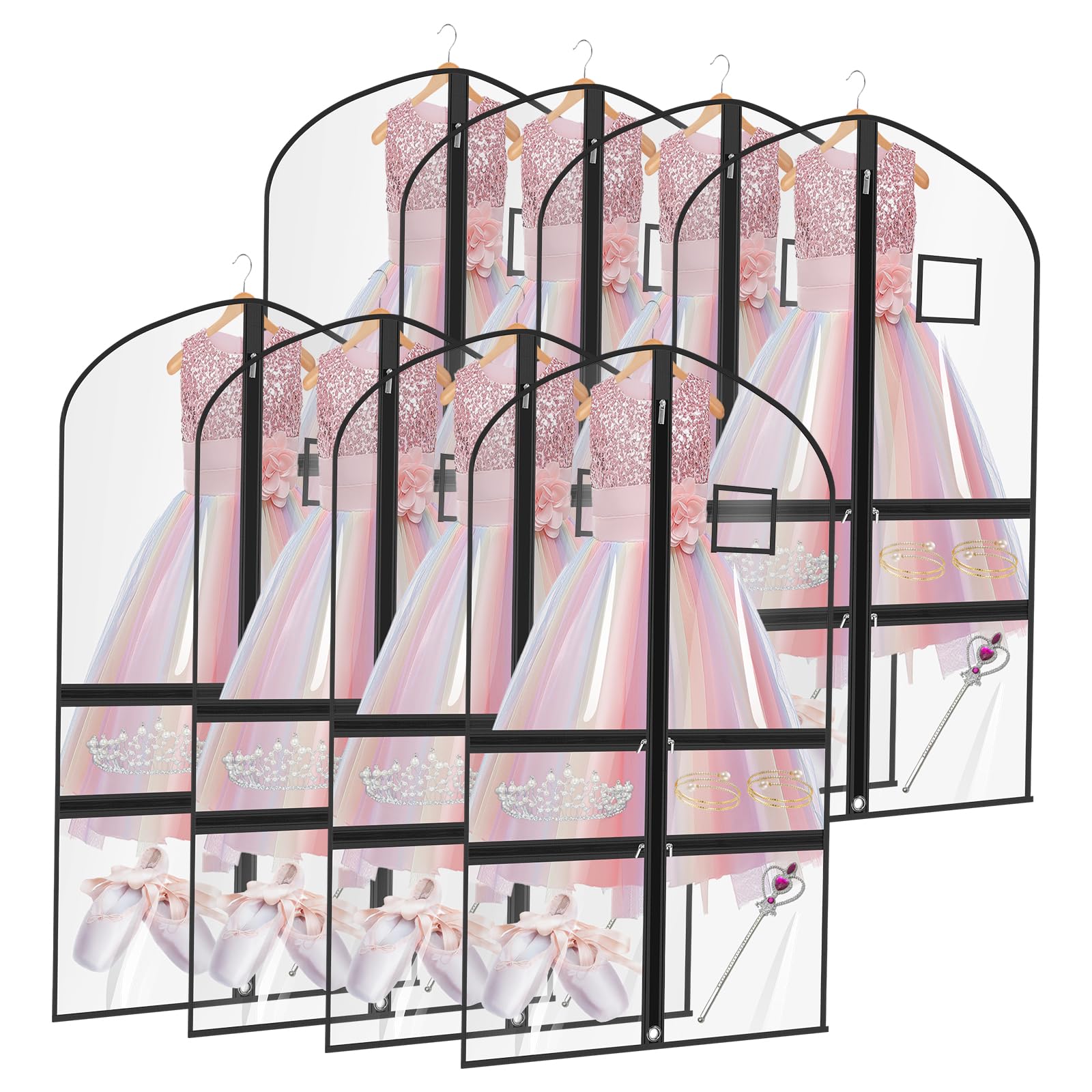 Qinglang 8 Pack Dance Costume Bag 40" Pvc Clear Waterproof Hanging Garment Bags With 4 Pockets And Id Slot Pockets Dustproof Foldable Suit Bag For Dance Competition, Recital, Travel & Closet Storage(8 Pack)
