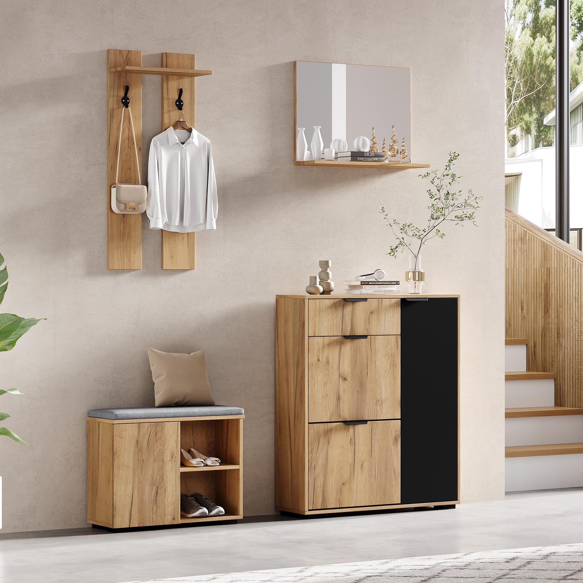 LAKFEW Conjunto de Perchero de Pared con Espejo y Zapatero, Perchero Entrada Recibidor con Banco Almacenaje y 2 Ganchos, Juego de Mueble Recibidor Entrada con Cajón, 140x35x139 cm, Natural+Negro