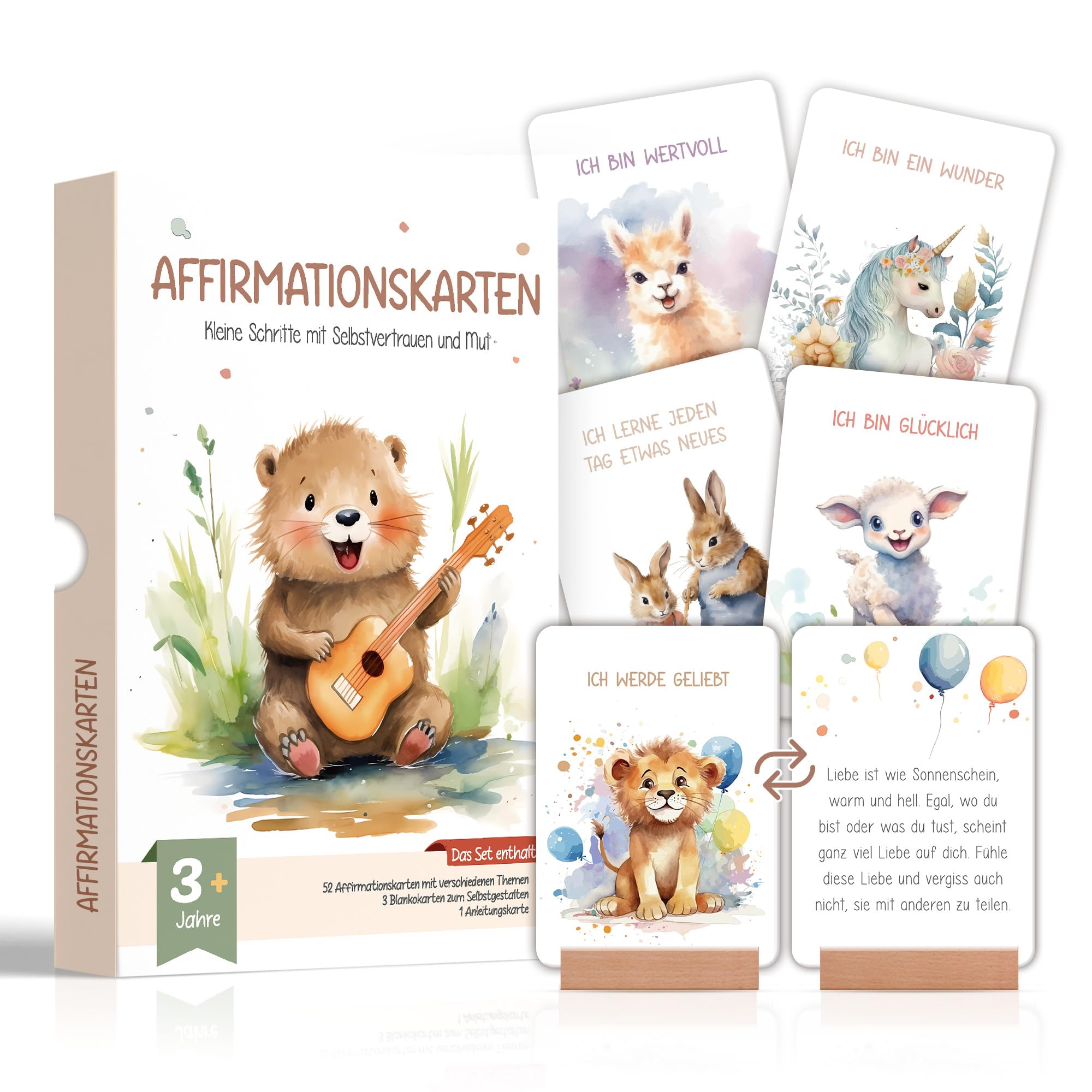 Legezon Affirmationskarten Kinder ab 3 – 55 liebevolle Karten für mehr Selbstvertrauen, Gefühle & Achtsamkeit, mit Holzständer & Geschenkbox, Mutmacher Set inkl. 4 Blankokarten zum Selbstgestalten