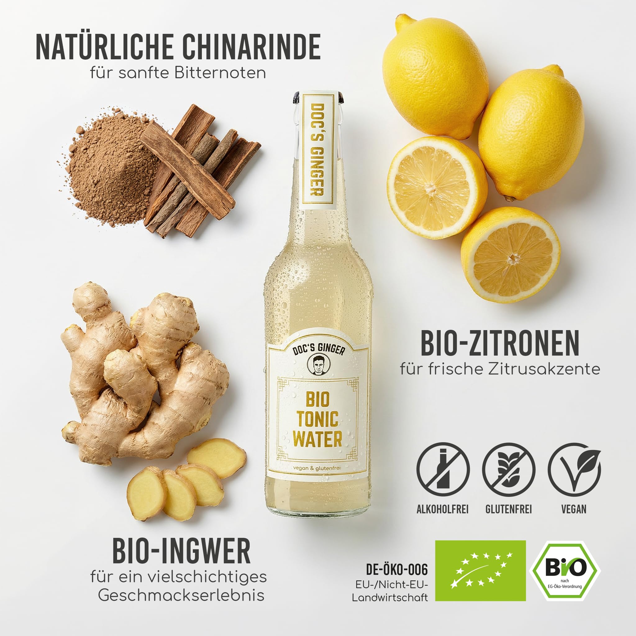 Doc’s Ginger Premium Bio Tonic Water | mit Ingwer, natürlicher Chinarinde & frischen Zitrusakzenten | vegan & glutenfrei | 12 x 330ml