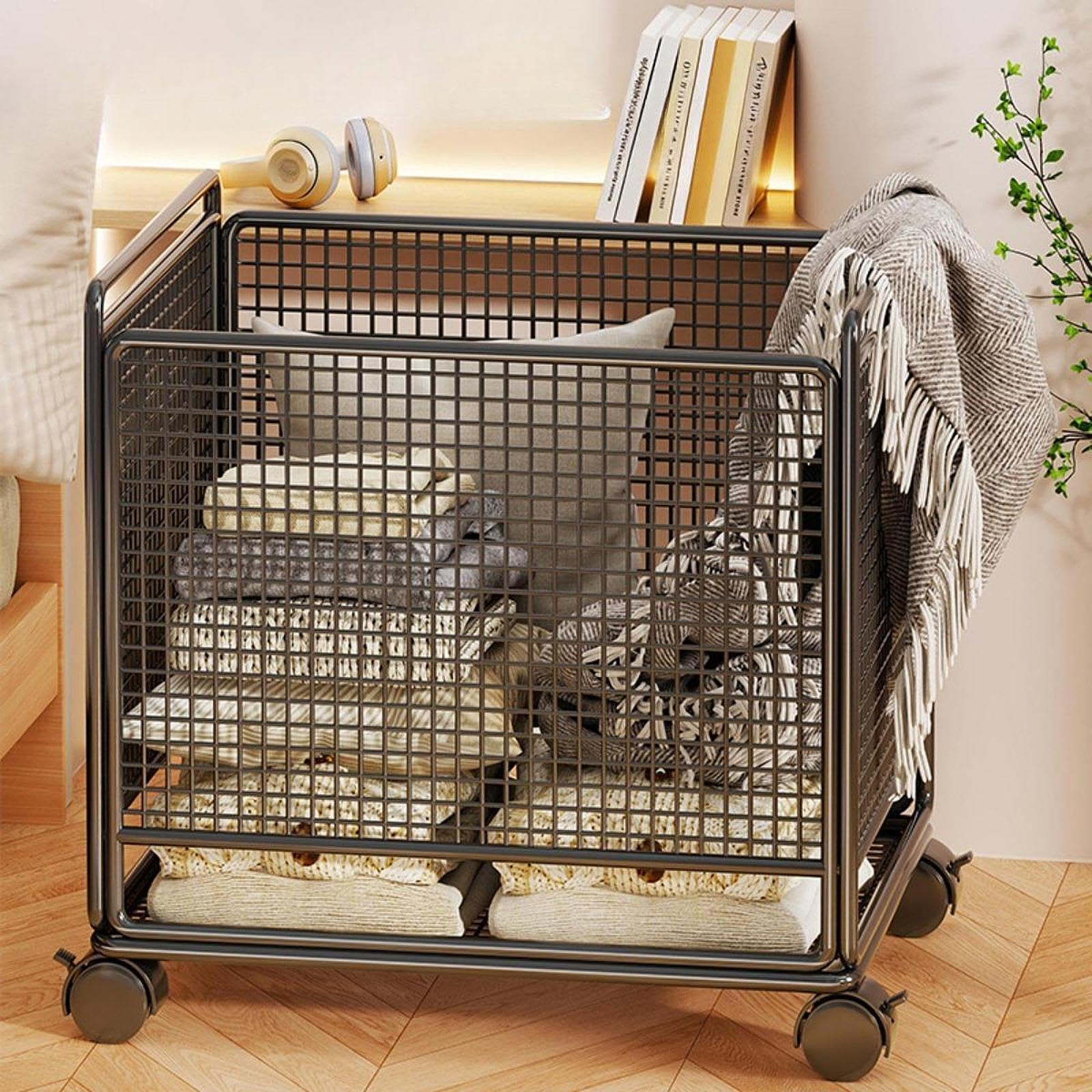 Gralara Carrello Portabiancheria Con Ruote Di 360 Gradi, Ceste per La Biancheria in Ferro, Organizzazione Lavanderia per Letto, Bagno, Lavanderia, Dormitorio, Appartamento, Nero, M