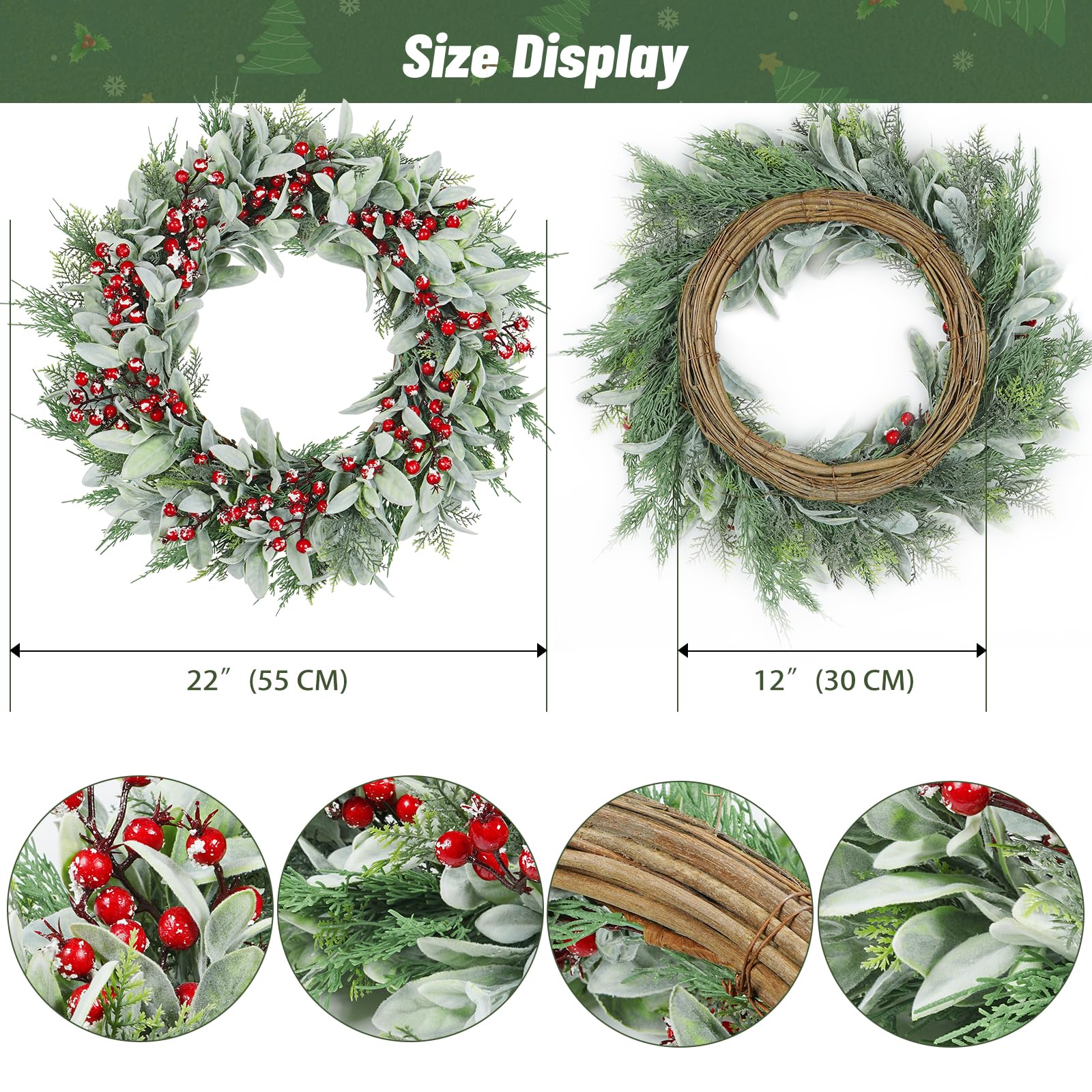 Houele 22Inch Artificial Christmas Wreath Lambs Ear Leaves Wreath with ...