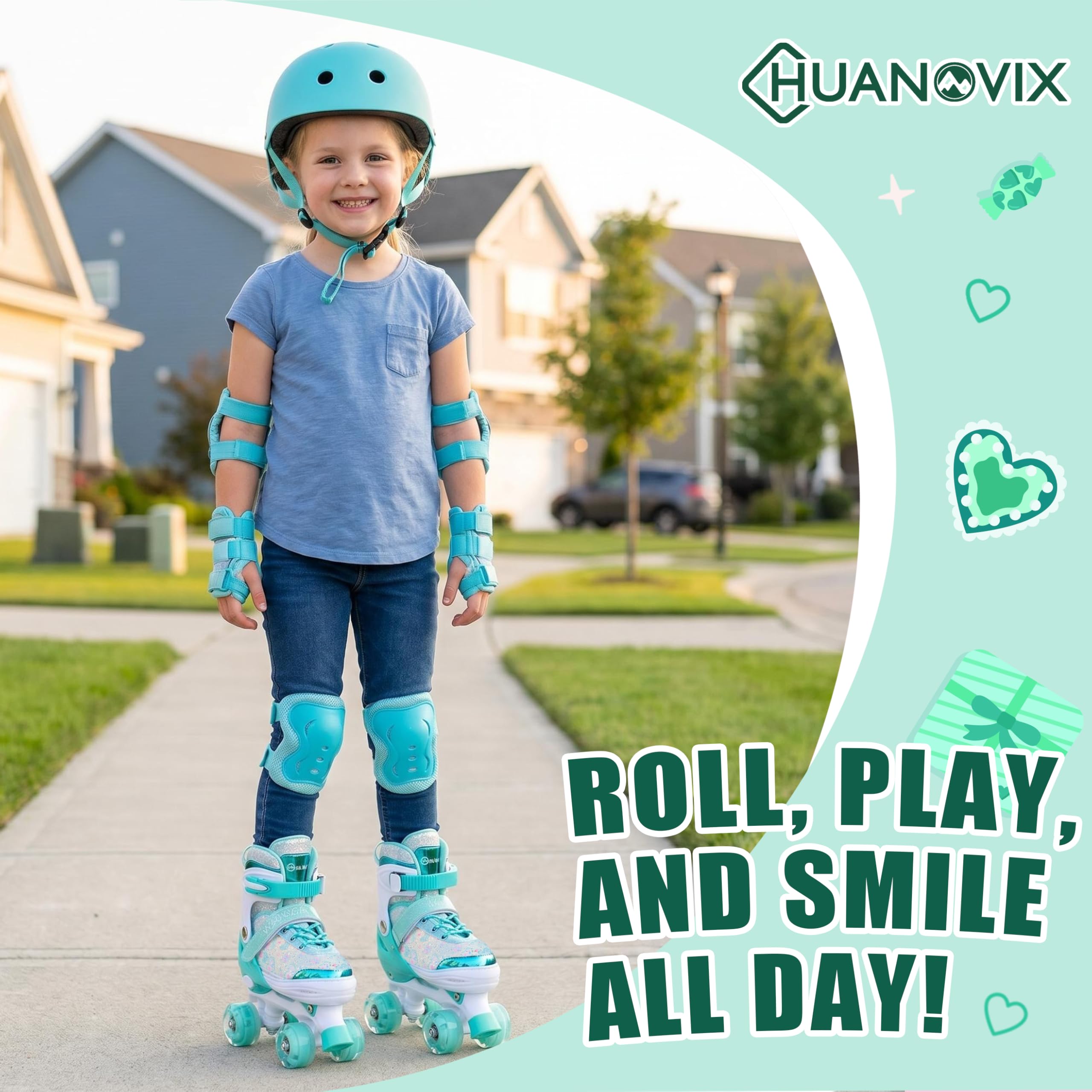 4 Sizes Adjustable Kids Roller Skates for Girls Boys Indoor Outdoor Sports, Love-Green, Medium-Big Kids,Teens - Image 2