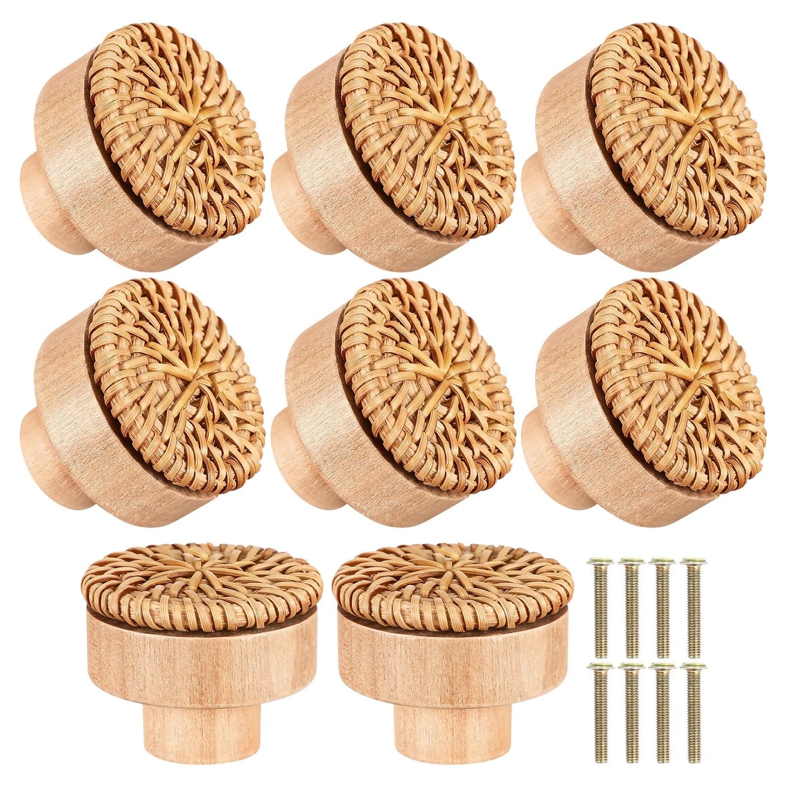 LSNNMU 8Pcs Woven Rattan Drawer Pulls Round Wood Knobs Cabinet Handles for Dresser Cupboard Wardrobe Decorative Furniture for Home