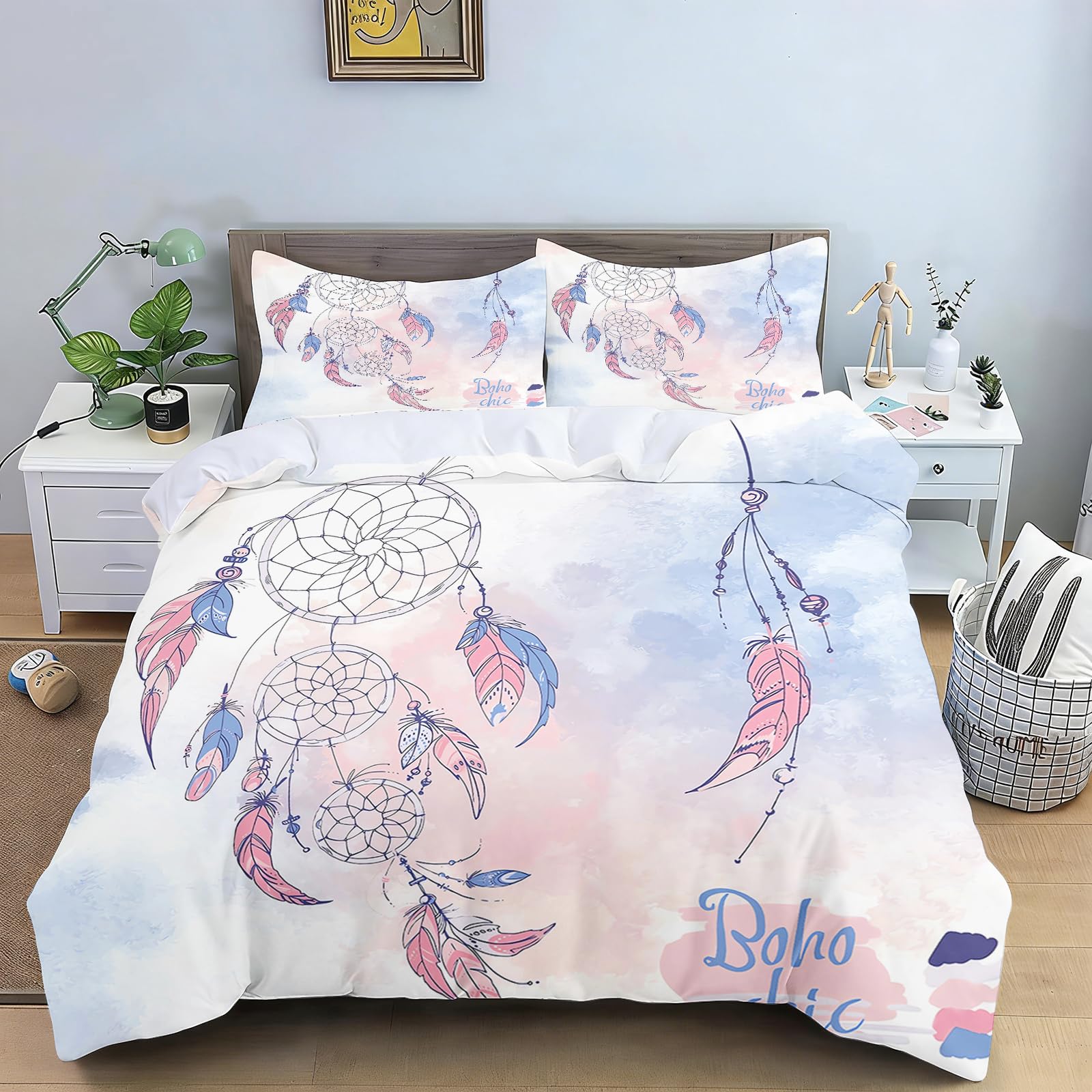 CHEFFS Boho Traumfänger Bettwäsche Set, Feder Traumfänger Bettbezug mit Kissenbezügen, Weiche Mikrofaser Bettwäsche, Boho Chic Schlafzimmer Deko(220x240cm+2*Kissenbezüge 80x80cm)