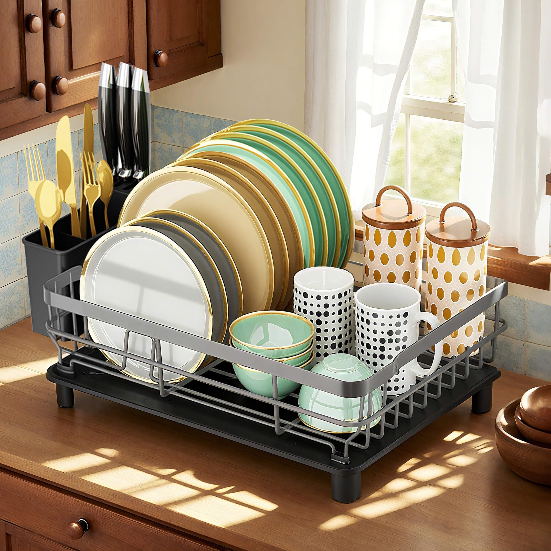 MOUKABAL Dish Racks for Kitchen Counter, Stainless Steel Dish Drainer, Dish Drying Rack with Drainboard and Removable Utensil Holder for Kitchen Sink 12.9''W x 16.9''L (Grey/Gray)