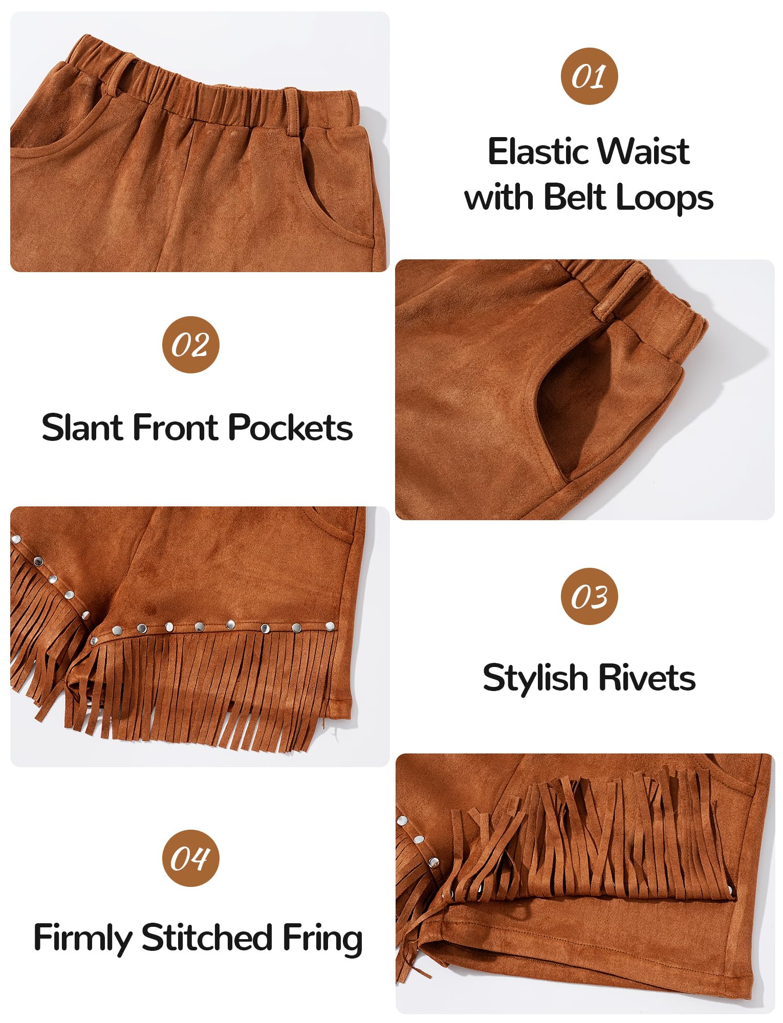 Maeau Pantaloncini da ragazza in finta pelle scamosciata con frange pantaloncini con nappe abiti da cowgirl con tasche rivetti pantaloni corti Boho