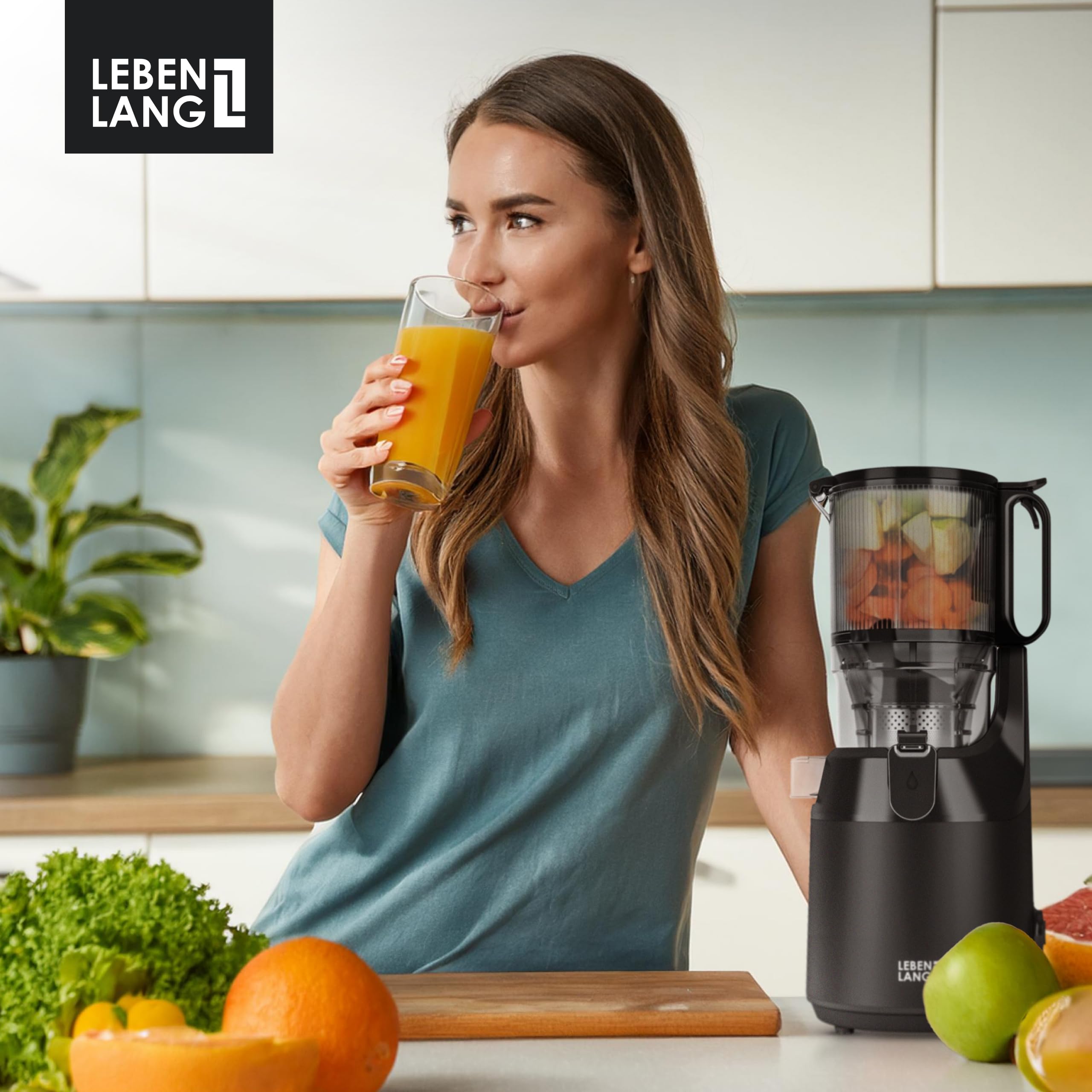 LEBENLANG Extractor de zumos y verduras - Incl. libro de recetas & gran abertura 130 mm I Perfecto para frutas enteras 100% libre de BPA I Licuadoras para batidos Slow Juicer machine prensado en frio