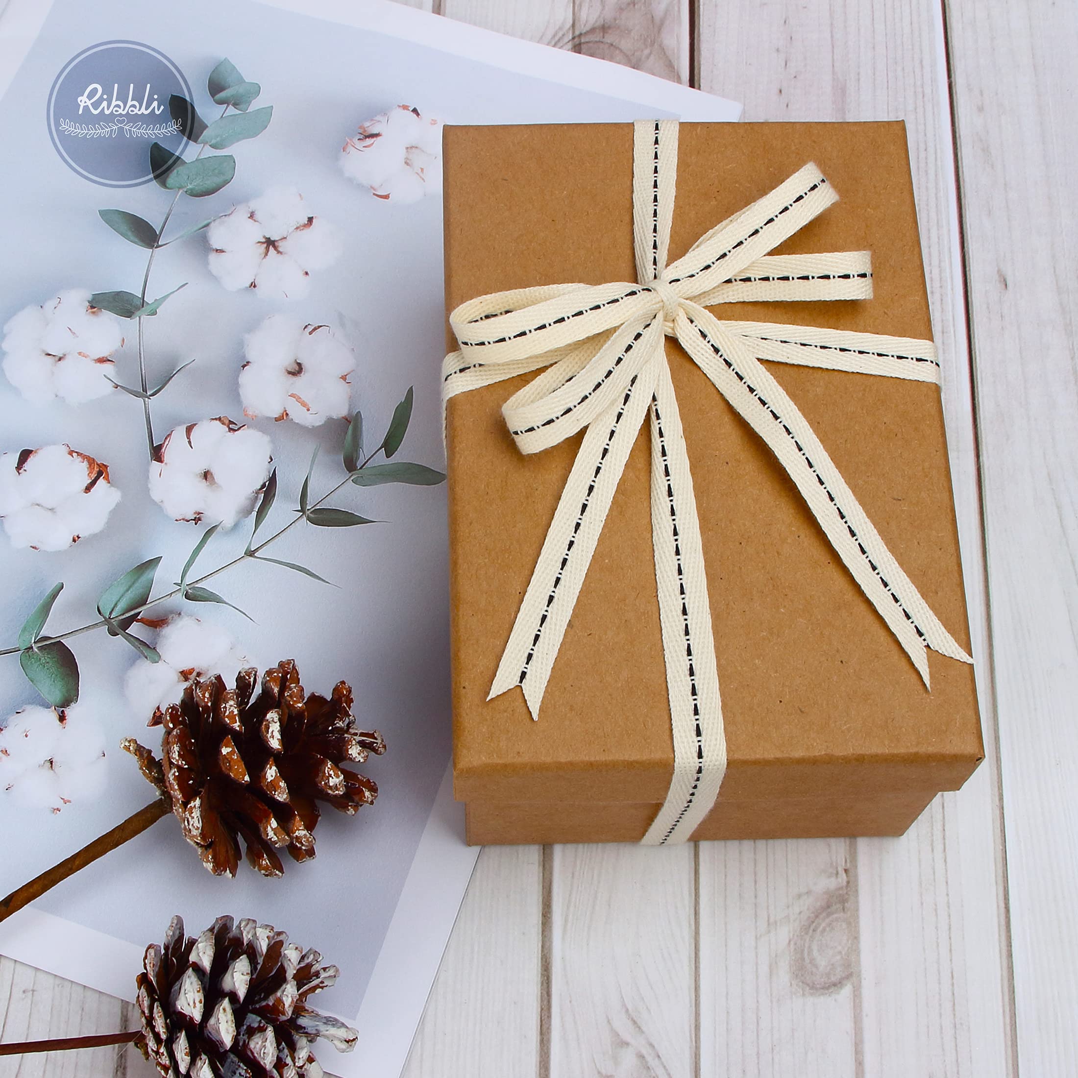 Ribbli Cinta de sarga de algodón, carrete de 3/8 pulgadas x 10 yardas, natural/negro, cinta cosida 100% algodón, uso para envolver regalos, decoración del hogar, decoración floral