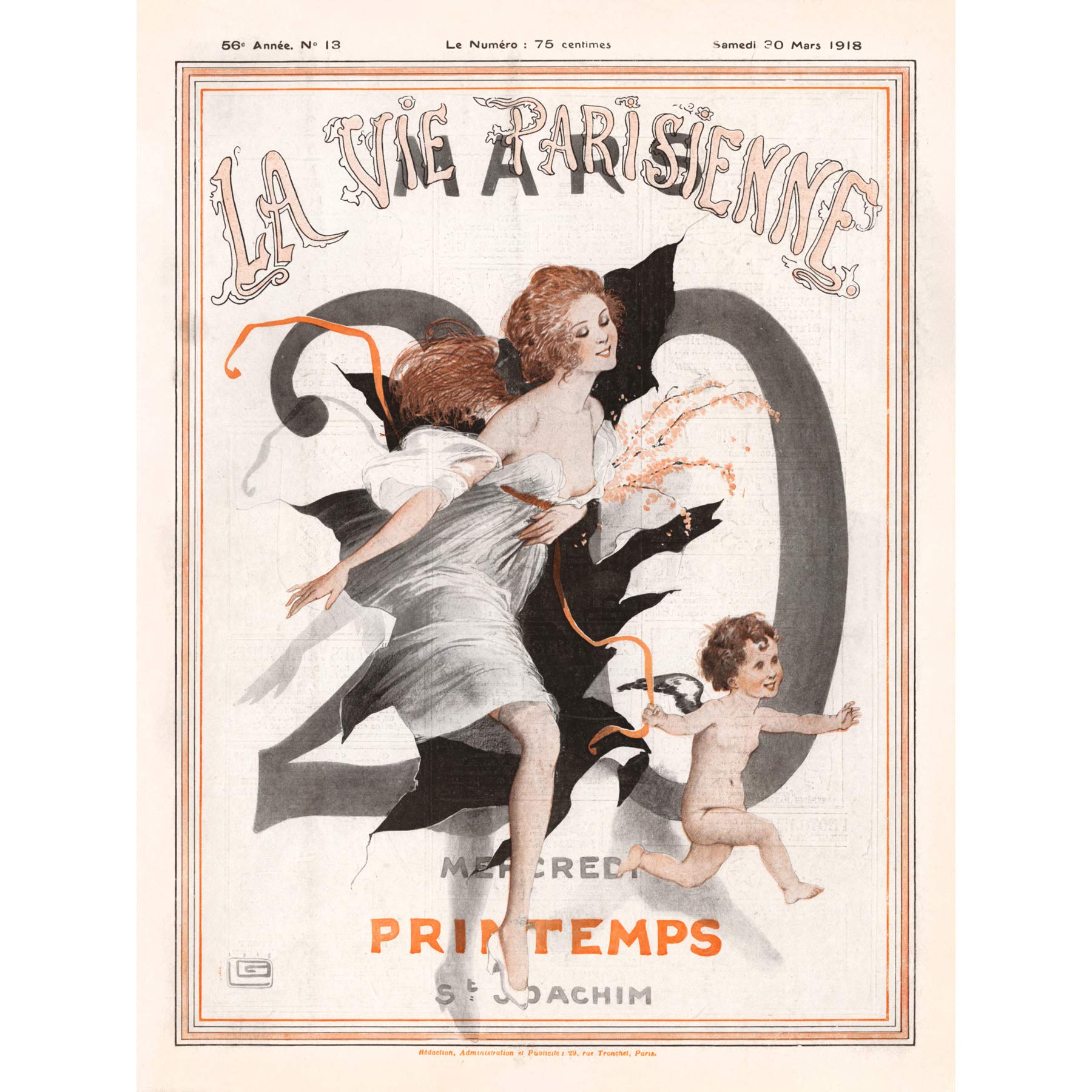 Artery8 La Vie Parisienne Spring Woman Cherub Magazine Cover Premium Wall Art Canvas Print 18X24 Inch