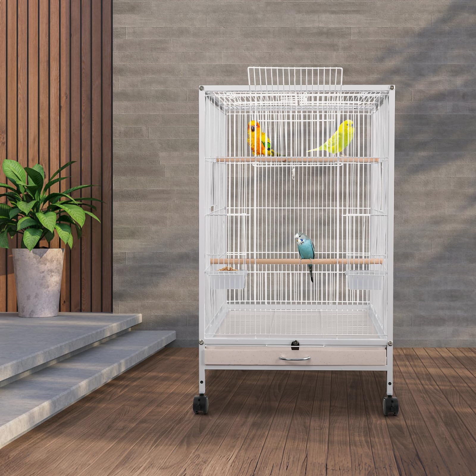 Jaula grande para pájaros, jaula interior para loros, pajarera de metal con ruedas de transporte, apertura hacia arriba, jaula para pájaros, 46 x 46 x 94 cm, jaula para periquitos con 3 perchas