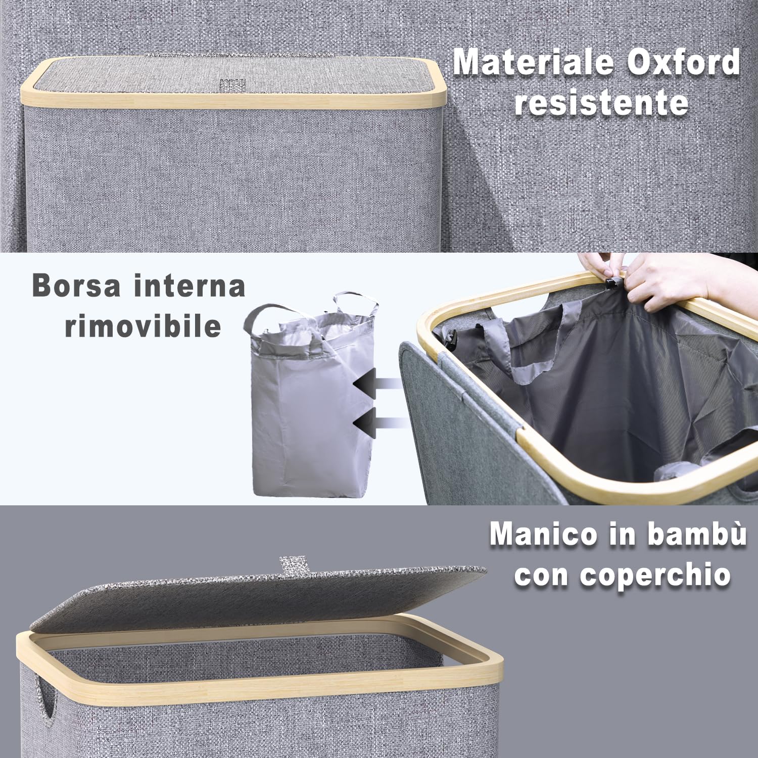 Cesto Portabiancheria Sporca Grande -100L Cesto Biancheria Sporca per Bagno in Bambú con Coperchio, Cesta Panni Sporchi con Manici per Bagno, Lavanderia, Camera da Letto per Salvaspazio-Grigio