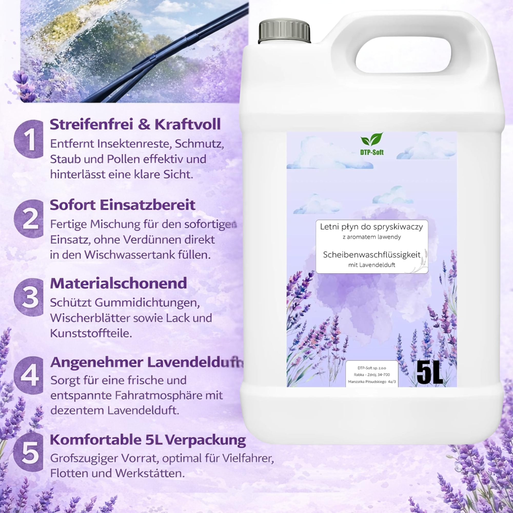Scheibenreiniger 30L / 6x5 liter Sommer - Scheibenwischwasser fertig gemischt mit Lavendel Duft - streifenfrei gegen Insekten Schmutz Pollen