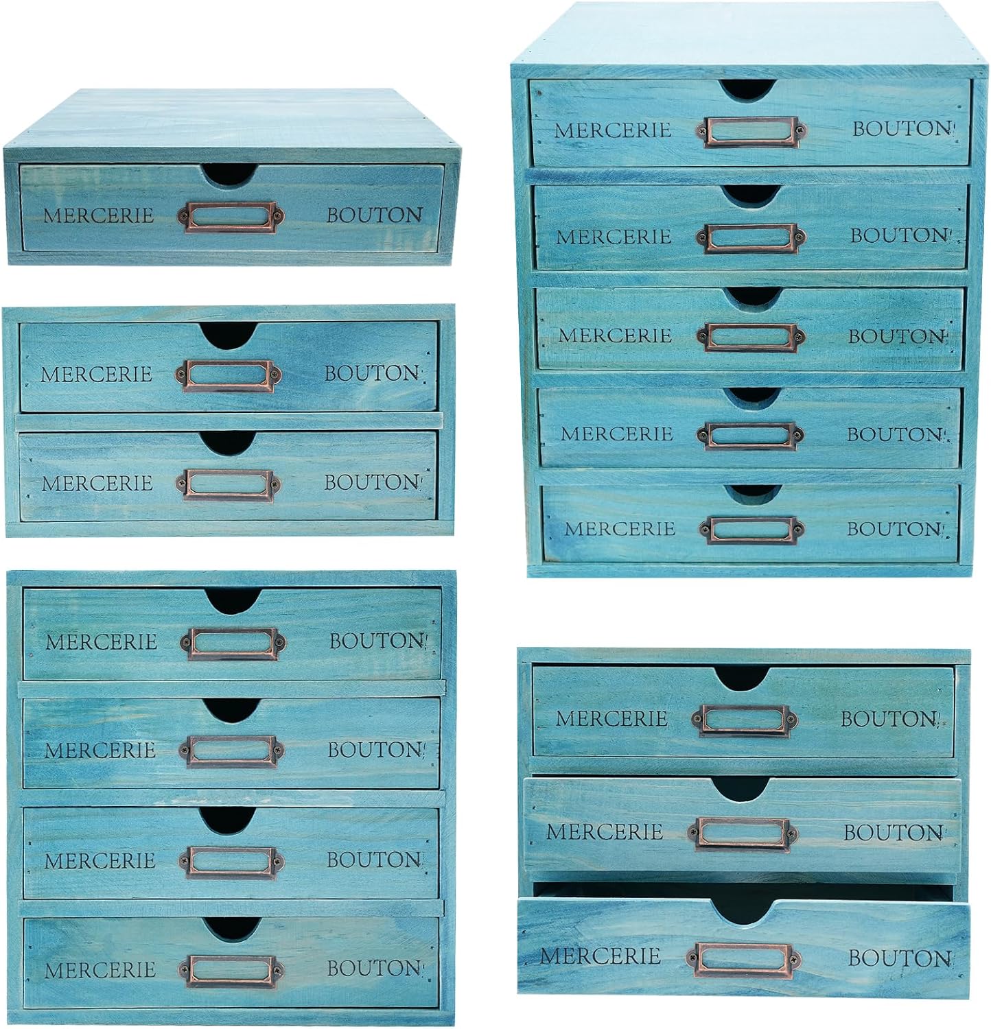 Desk Organizer with Drawers, 5Pcs Wooden Apothecary Cabinet Desktop Storage Cabinet with Label Boxes, Makeup Organizer Filing Case for Office Bedroom Home, L8*W6*H1.5in Drawers, Blue