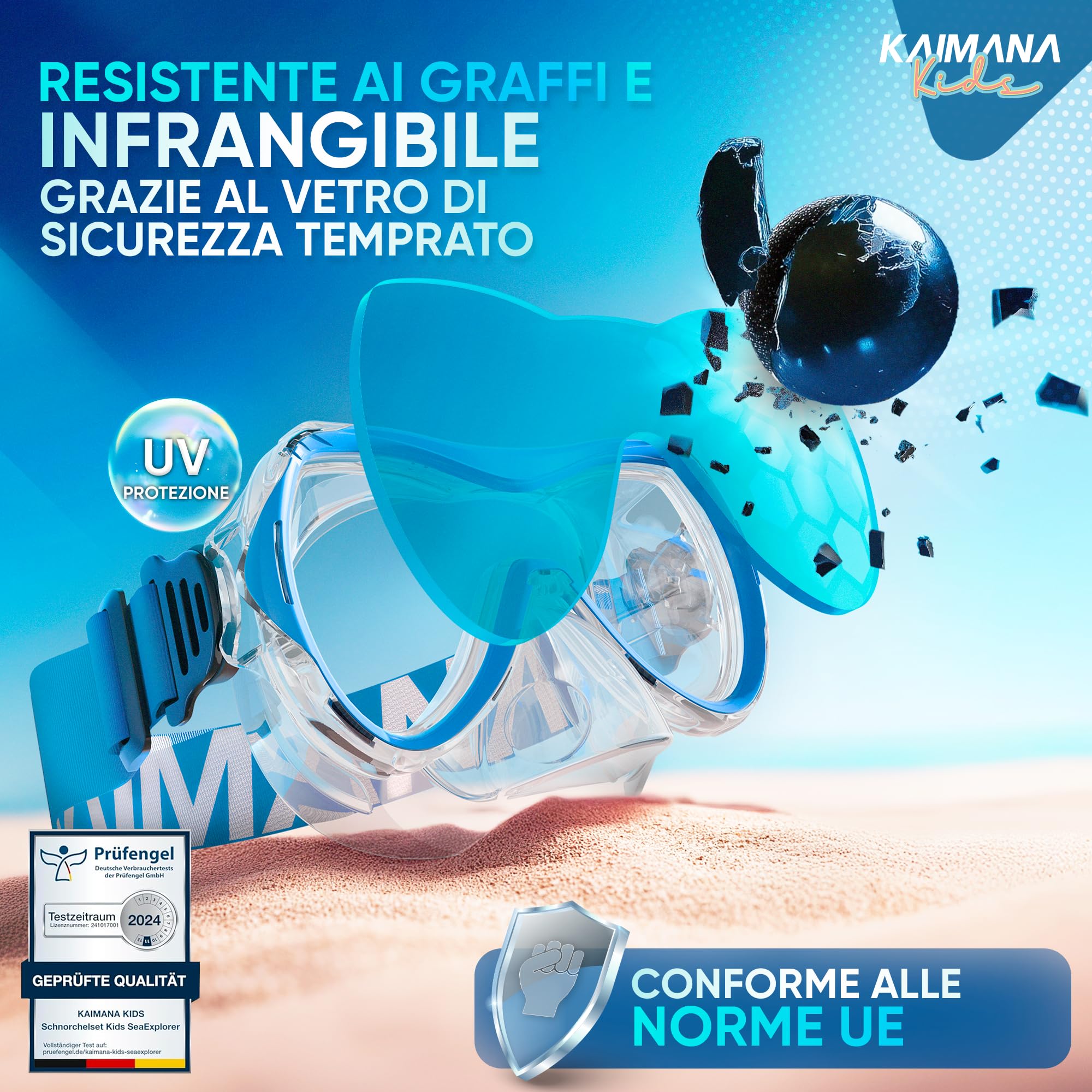 KAIMANA® SeaExplorer Set Maschera Boccaglio Bambini & Borsa – Kit Snorkeling Bambini 3-10 Anni – Maschera con Boccaglio Bambino, Cinturino Tessuto o Silicone – Mare e Piscina