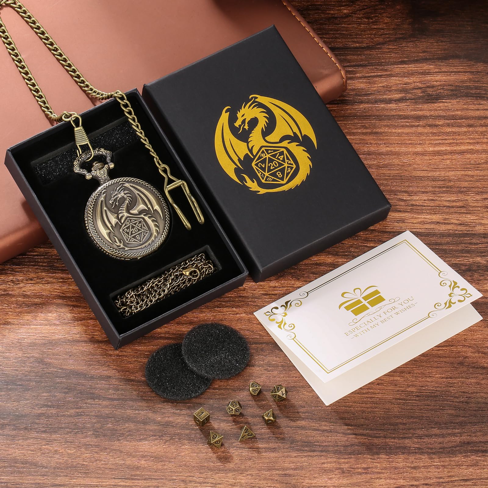 Mini DND Dice Set Steampunk Dragon Pocket Watch Shell Case, 7pcs Polyhedral Metal D&D Dice Set, DND Gifts with Gift Box - Image 2