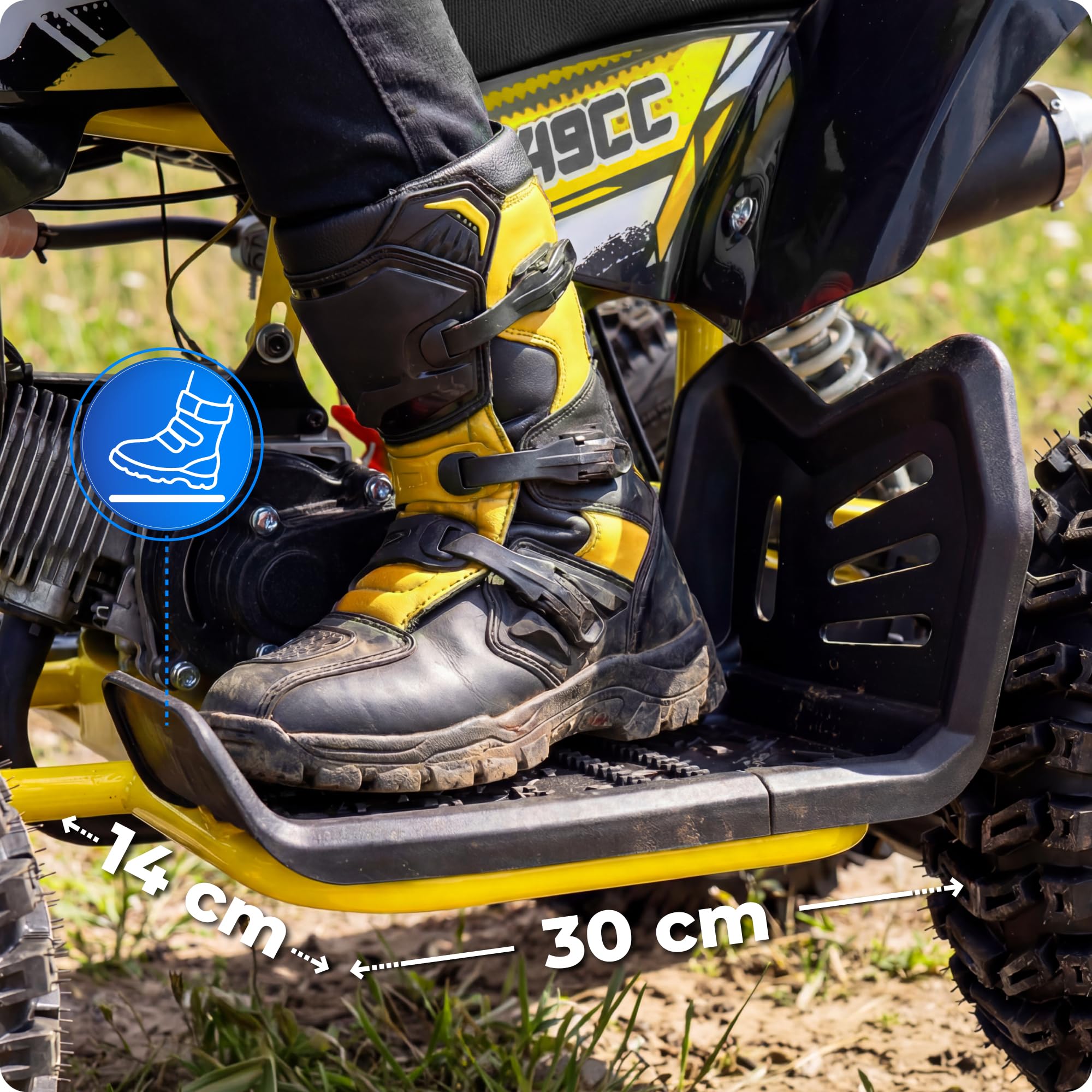 Mini quad 49cc Benzin ATV, 6 Zoll Offroad-Reifen, Scheibenbremsen, LED-Licht und Gepäckträger (GELB, Pull-Start, LED)