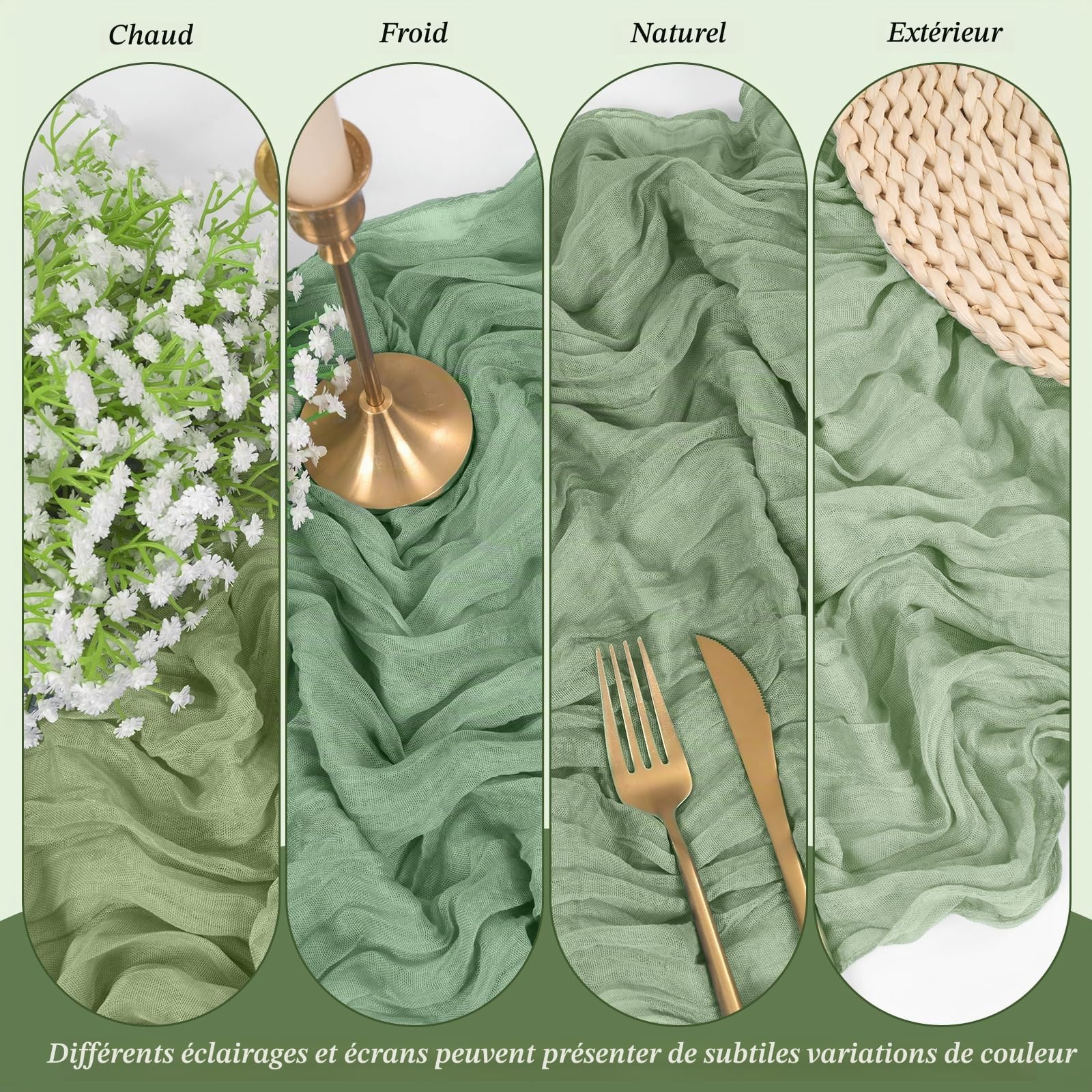 Lot de 10 Chemins de Table en Étamine, Chemin de Table Bohème en Gaze de 55 x 300 cm, Tissu Rustique en Gaze pour Mariages Festivals Remises de Diplôme Dîners Fêtes en Plein Air (Vert Sauge)