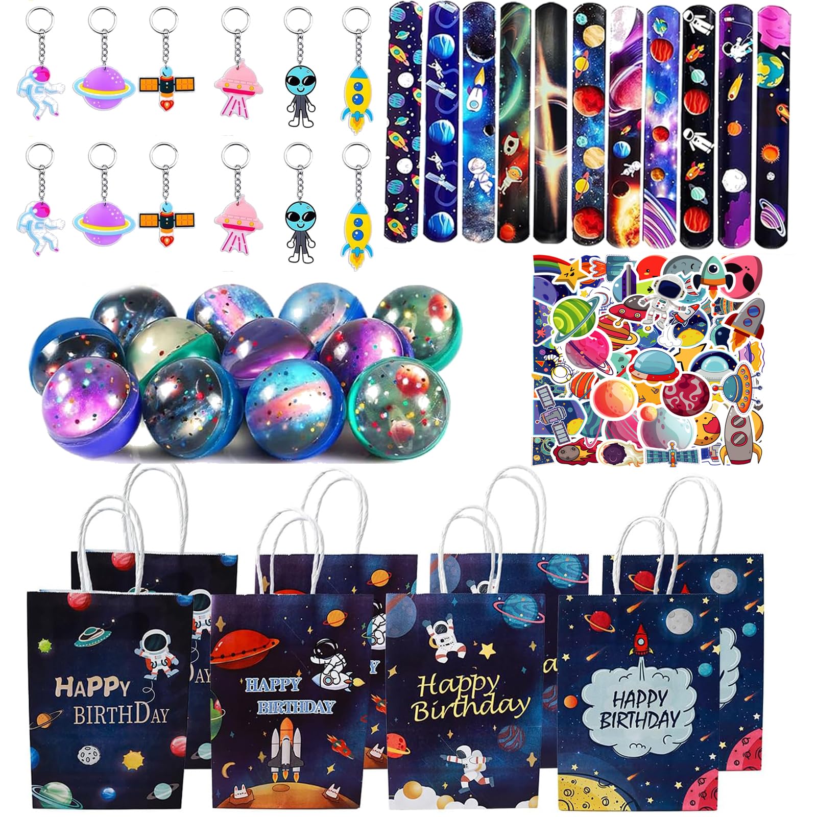Juego de 98 bolsas de fiesta espacial, regalos de fiesta de astronauta, decoración de cumpleaños espacial, bolsas de regalo espaciales, llavero, bola hinchable, pulseras a presión