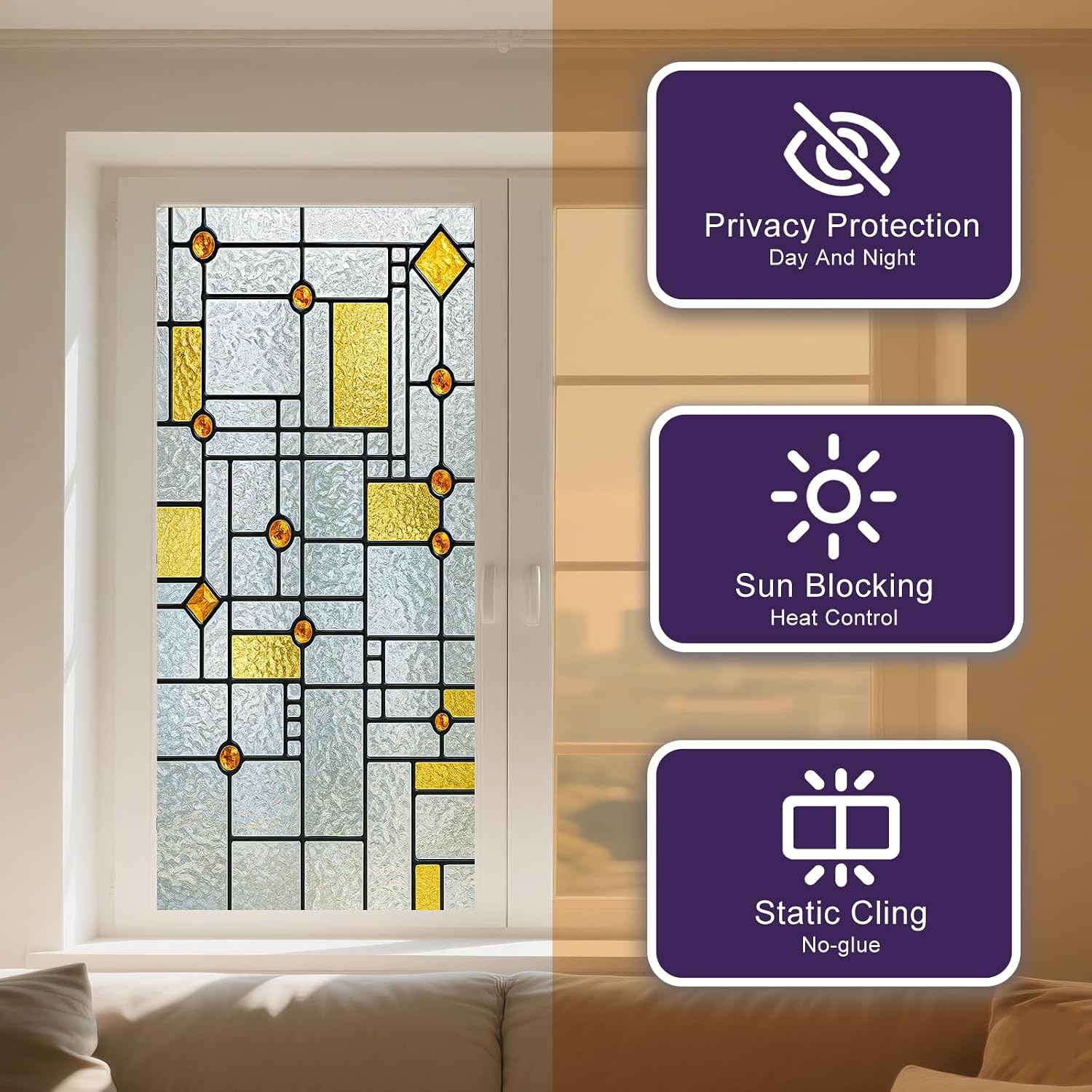 IVN Stained Glass Window Film Gold Geometry Pattern 17.7 x 39.3 Inch Privacy Window Film Static Cling Sun Blocking Decor Removable for Living Room Bathroom Home Privacy Glass Covering