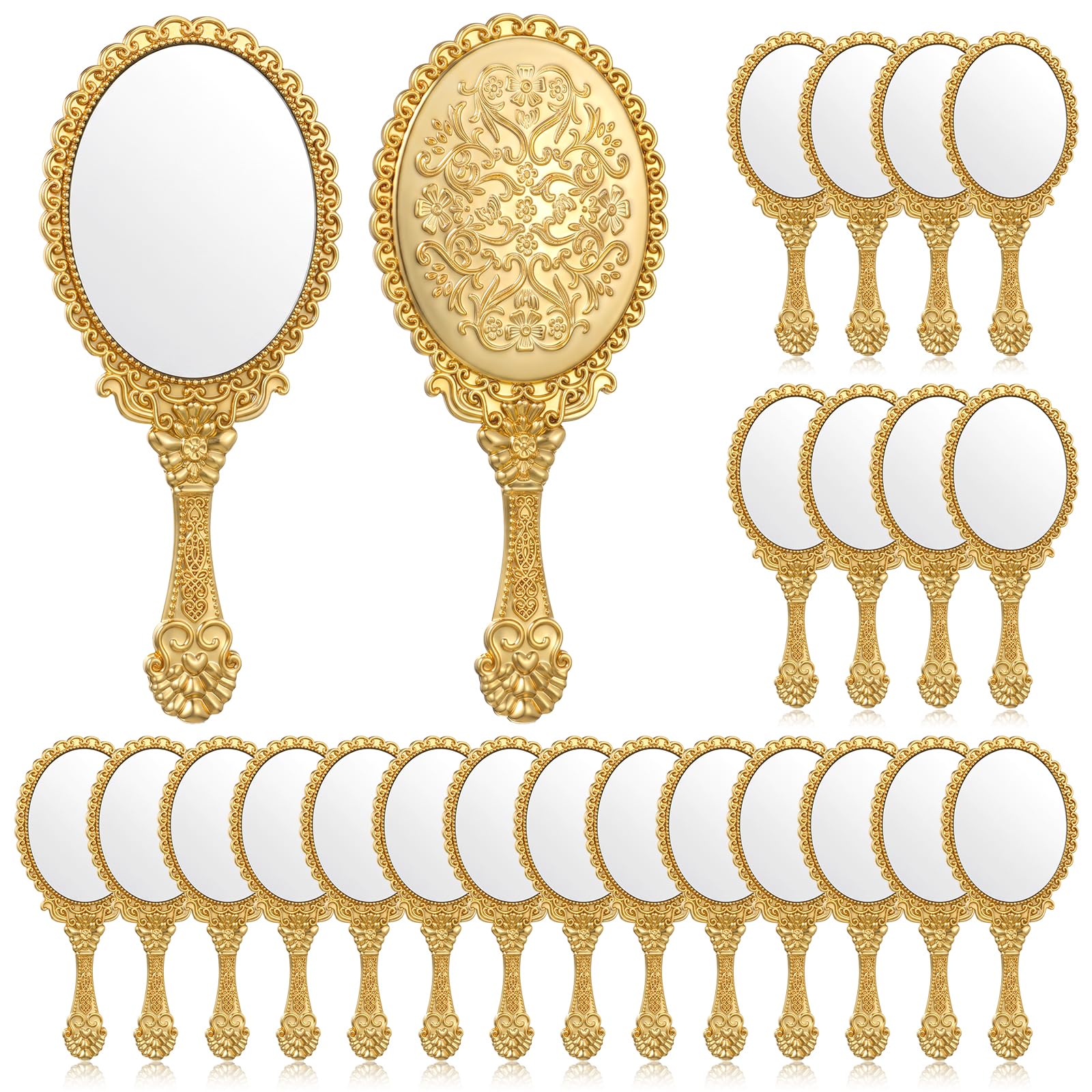 24 Pcs Vintage Handheld Mirror for Makeup Portable Hand Held Embossed Flower Retro Compact Mirror with Handle for Wedding Princess Quinceanera Party Favors（6.88×3 inches）