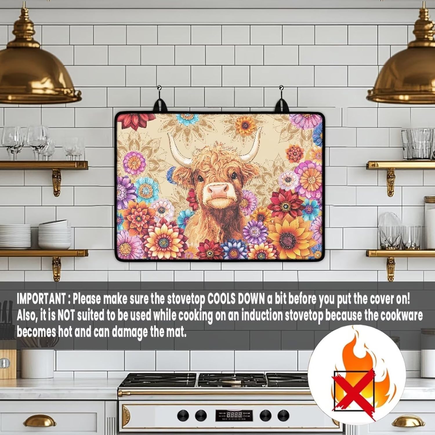 Cow and Flower Stove Cover for Electric Stove, Oil Stains Resistant Stove Top Cover for Glass Top,Heat Resistant Rubber Cooktop Cover for Kitchen Wall Decoration