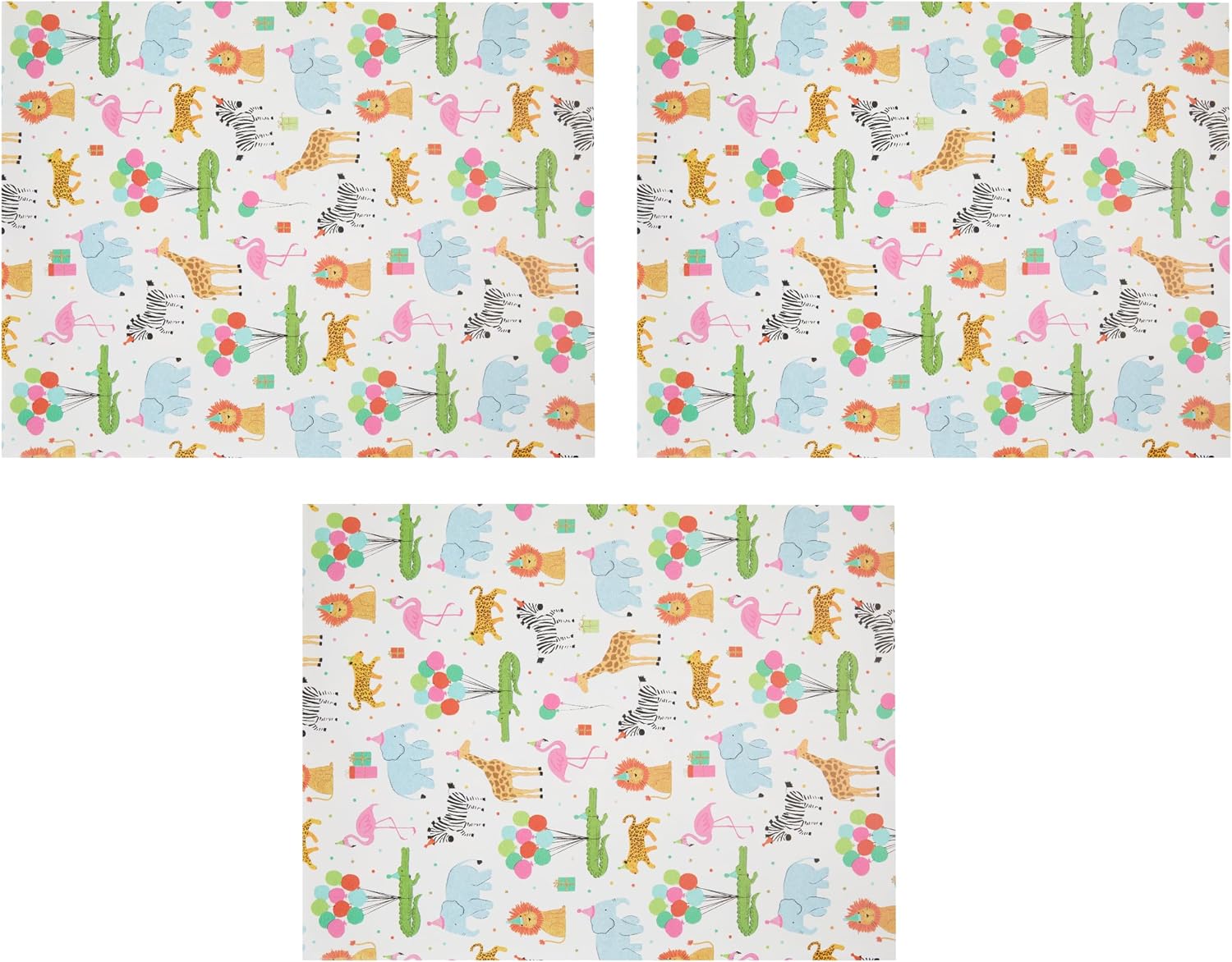 The Gift Wrap Company 58-189227 Party Animals Flat Gift Wrapping Paper Sheet Set, 30" x 23", Multicolor, 3 Pieces