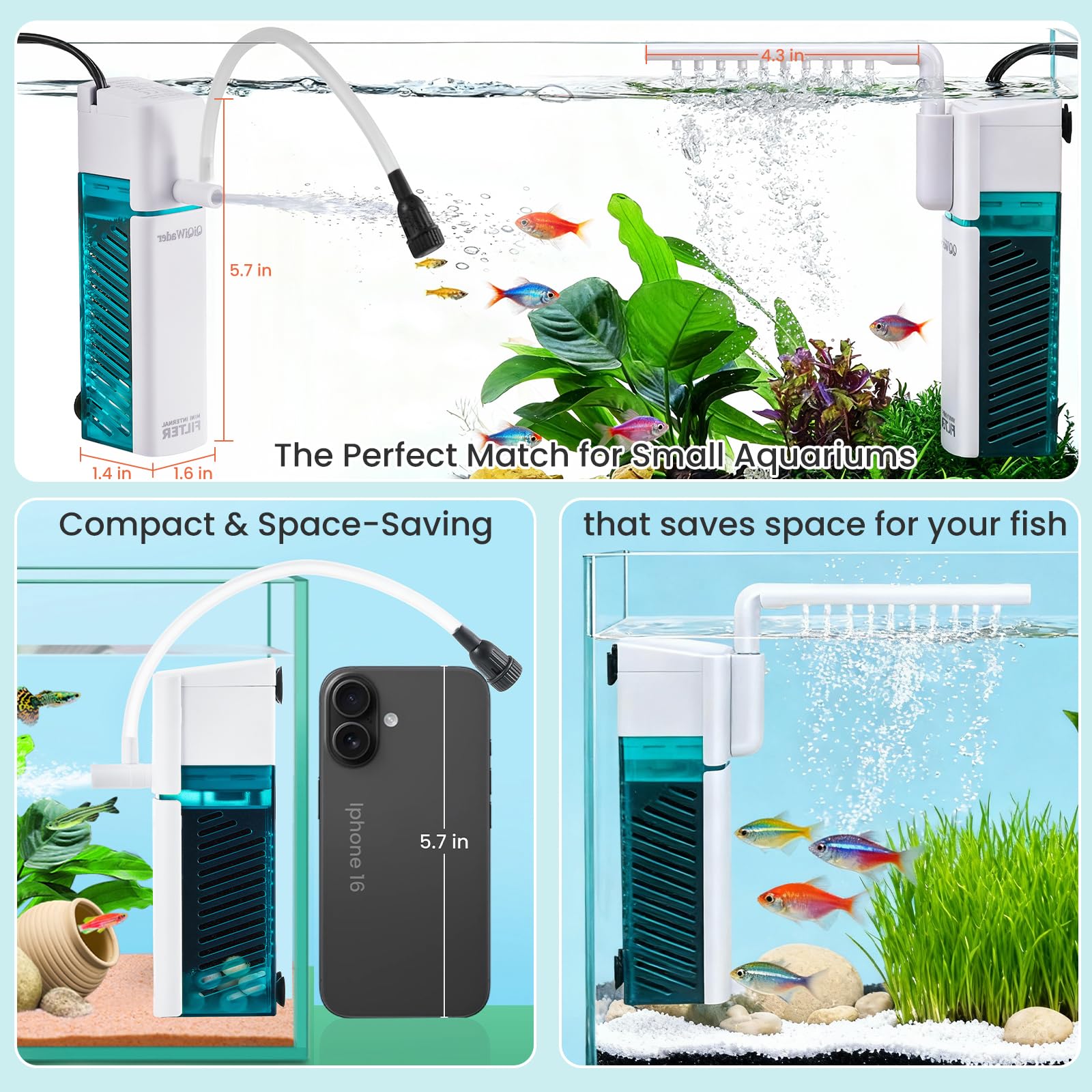 Filtro de acuario pequeño, filtro interno para acuario | Ideal para peceras de 10 a 20 galones, 5 W 110 GPH con dos modos. Funciona en agua dulce y salada.