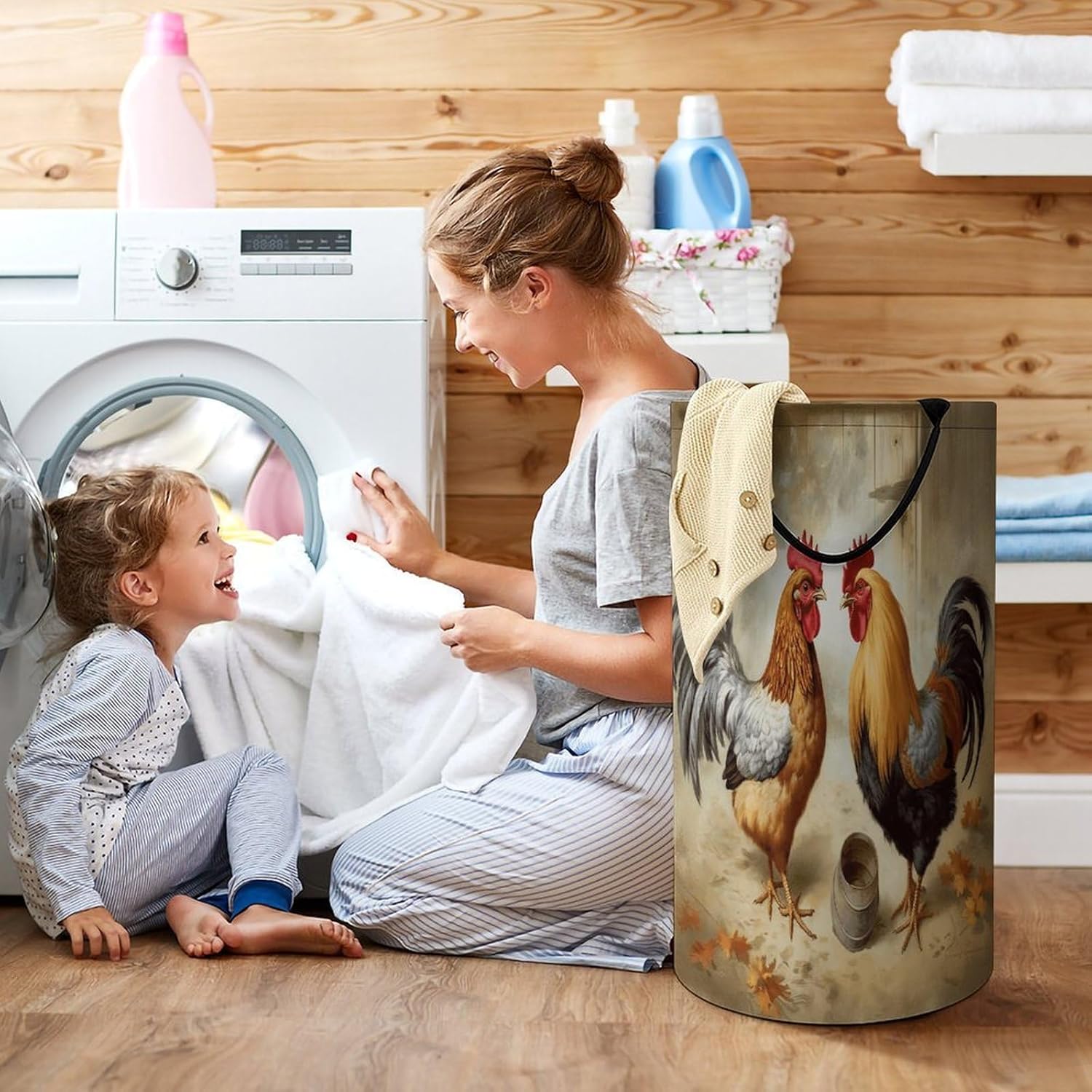 Chicken And Rooster Print Laundry Hamper Large Collapsible Laundry Basket with Handles Waterproof Clothes Hamper Portable Dirty Clothes Basket for Bedroom Laundry Room Closet Bathroom