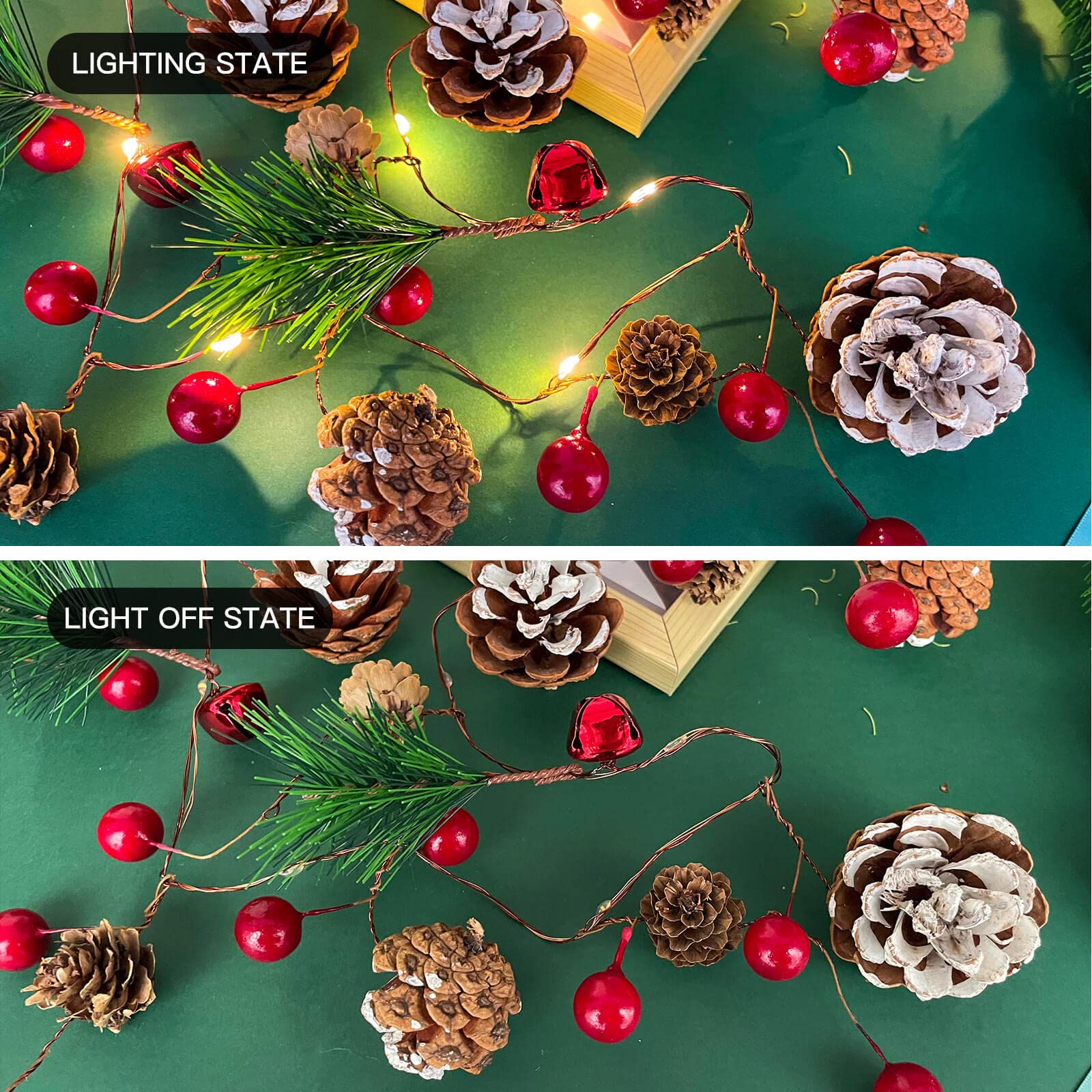 Ghirlanda pre-illuminata con 20 luci LED, bacche rosse, pigne