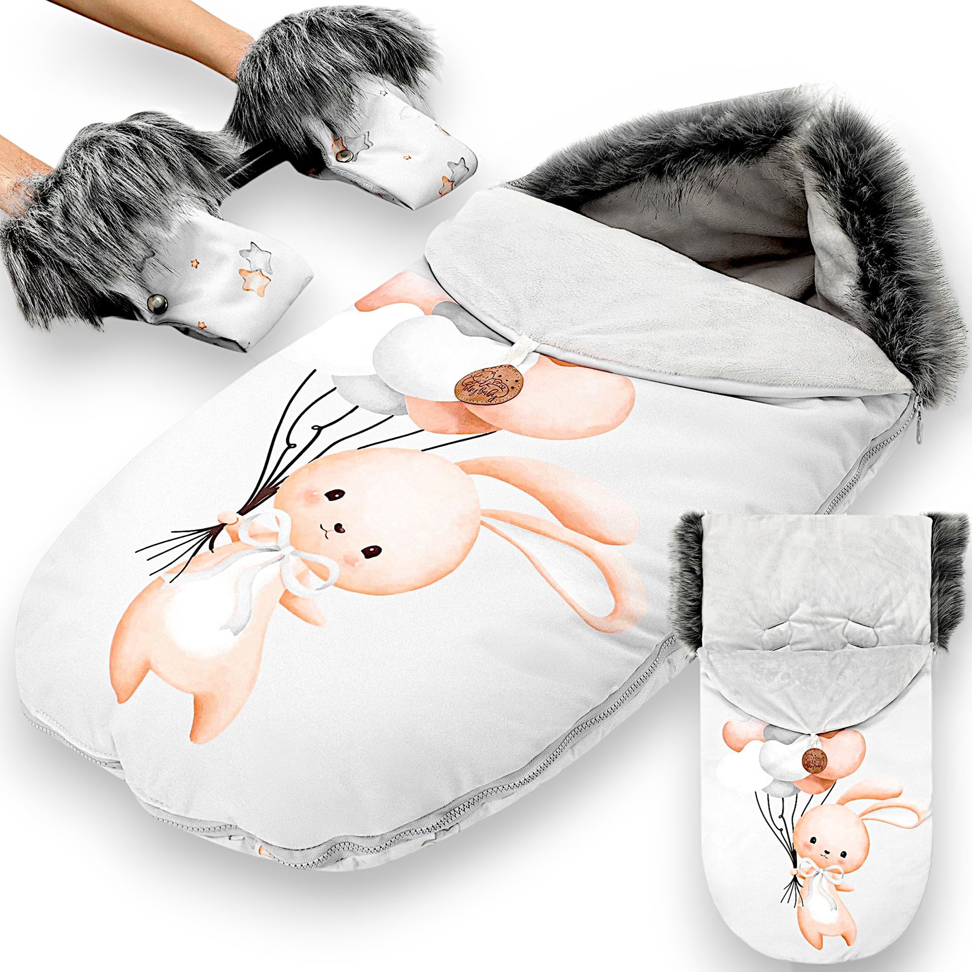 Śpiworek do wózka zimowy - komplet 90 x 45 cm z rękawiczkami - Śpiworek do wózka dziecięcego torba zimowa Śpiworek zimowy do wózka dziecięcego królik jasnoszary
