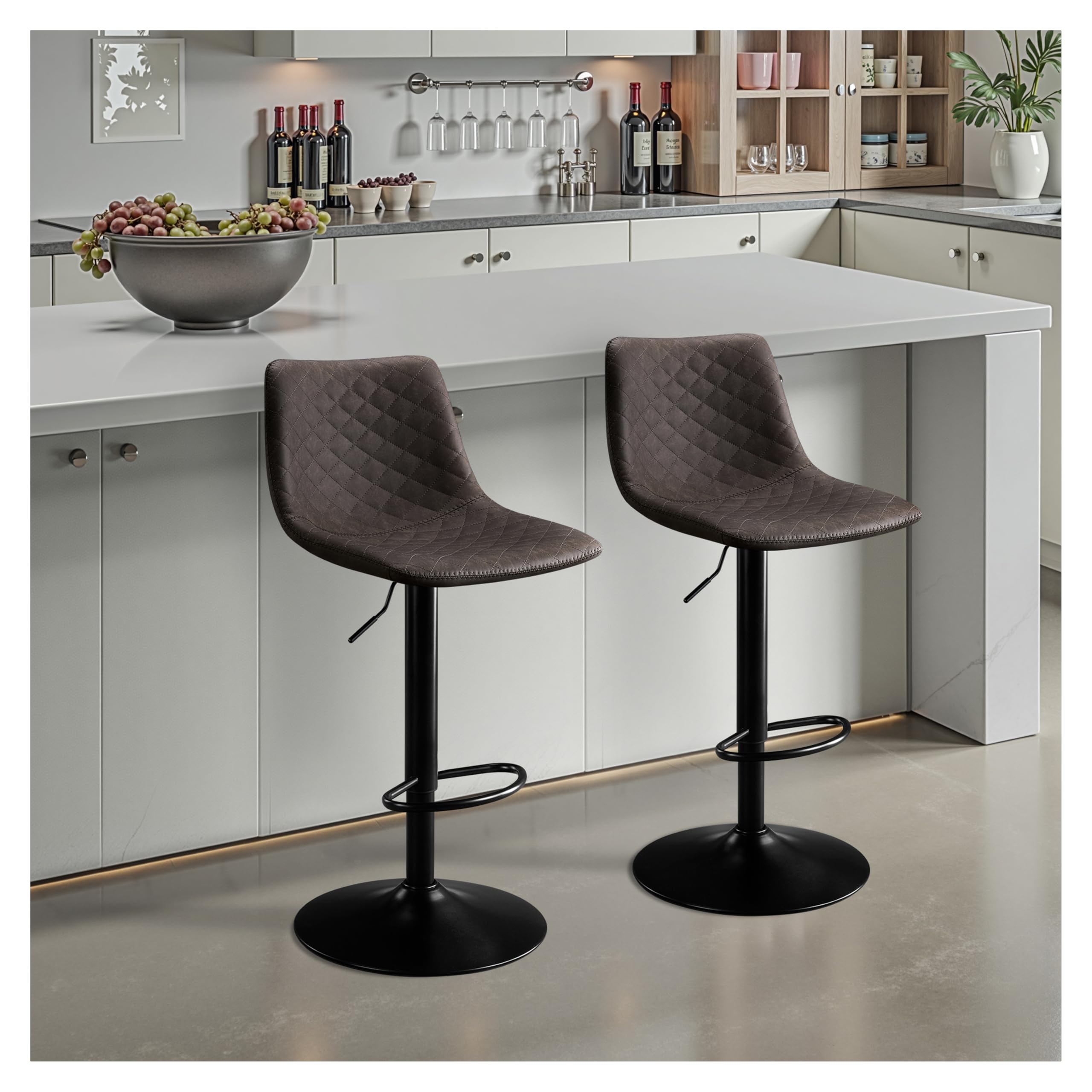 Juego de 2 Taburete de Cocina, Taburete de Bar con Cuero Altura Ajustable, Silla Bar con Respaldo, Silla de Bar Rotación de 360°, Taburete Alto 150kg para Cocina -Marrón Oscura