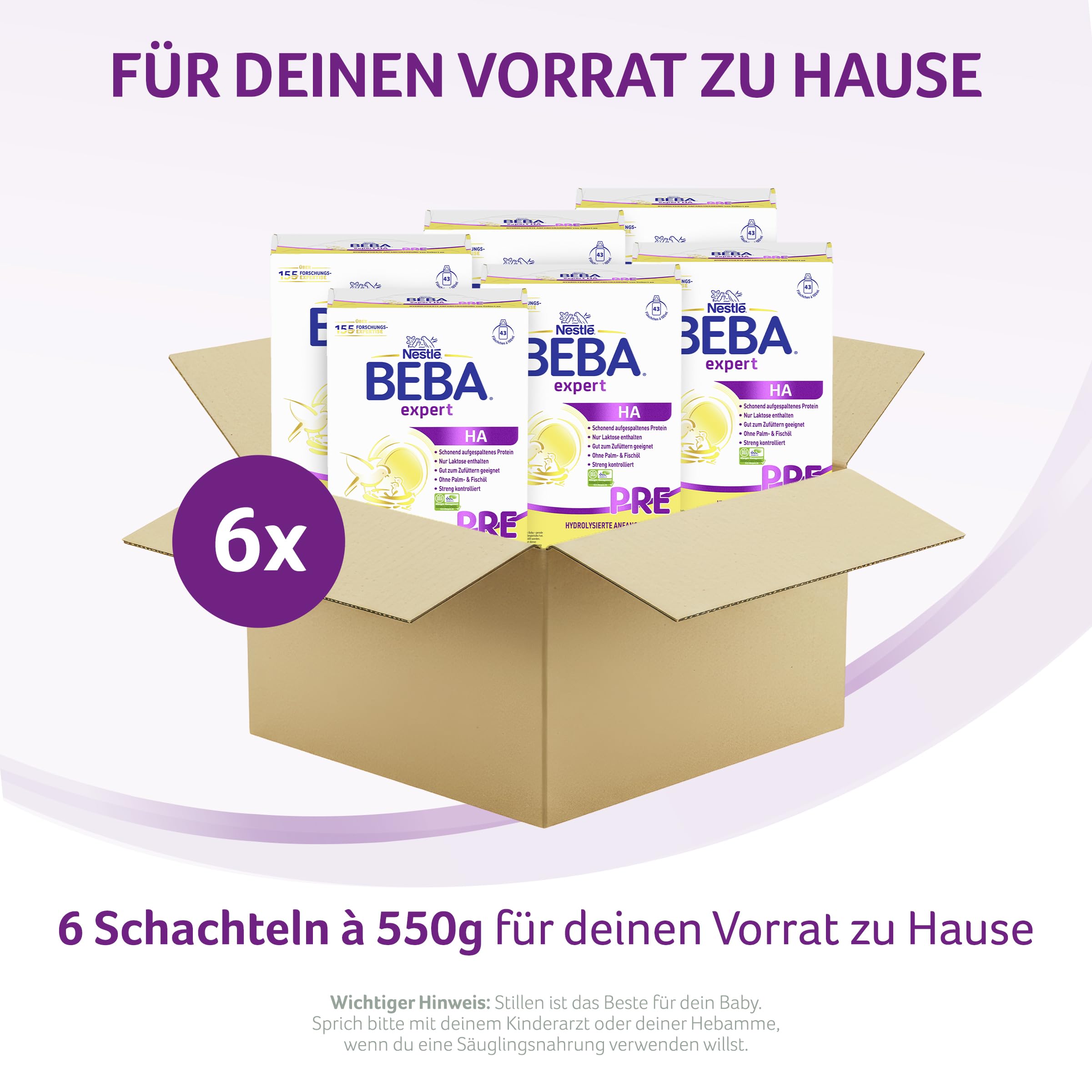 BEBA expert HA PRE - Hydrolysierte Anfangsnahrung, Anfangsmilch von Geburt an, Patentiertes Produkt, Ohne Palmöl, Ohne Fischöl, Babynahrung, Baby-Milchpulver, 6er Pack (6 x 550g)