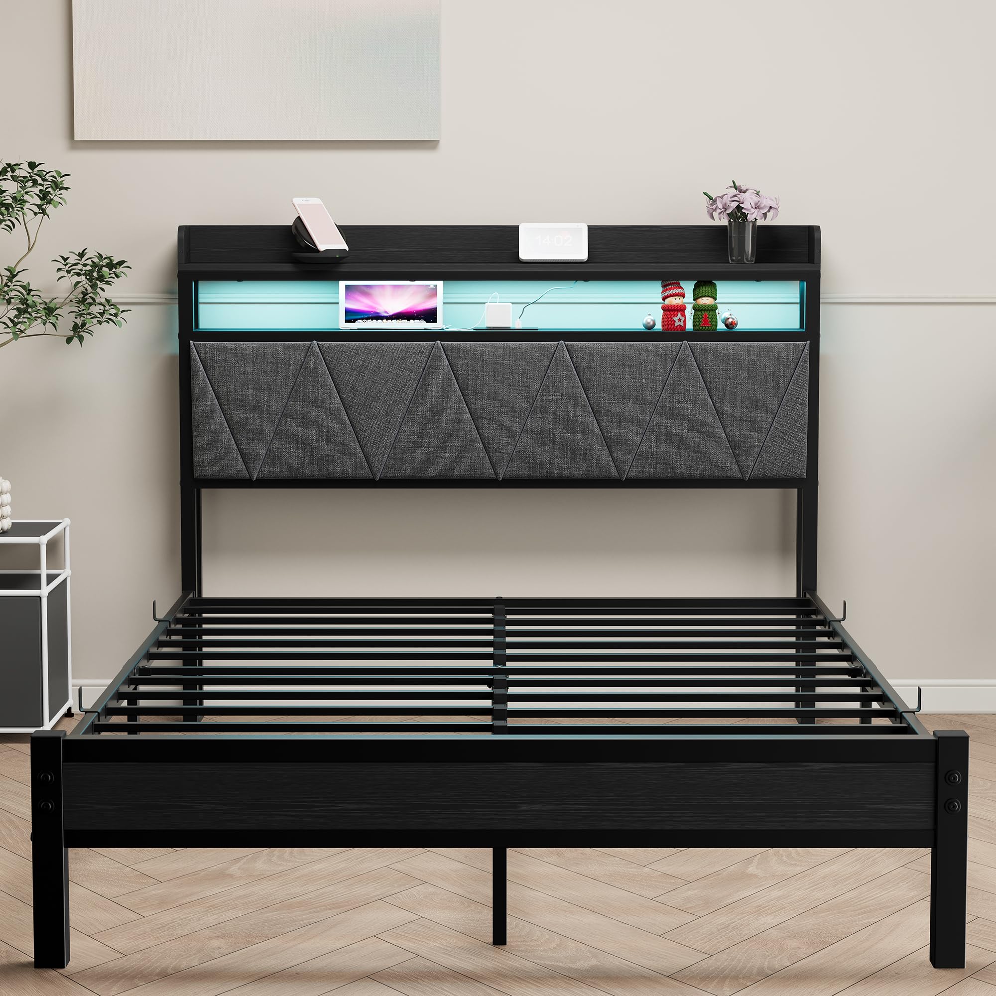 Telaio letto da 120 x 200 cm con testiera imbottita in legno con due ripiani, stazione di ricarica, luci a LED, telaio in metallo robusto, non è necessaria alcuna rete imbottita