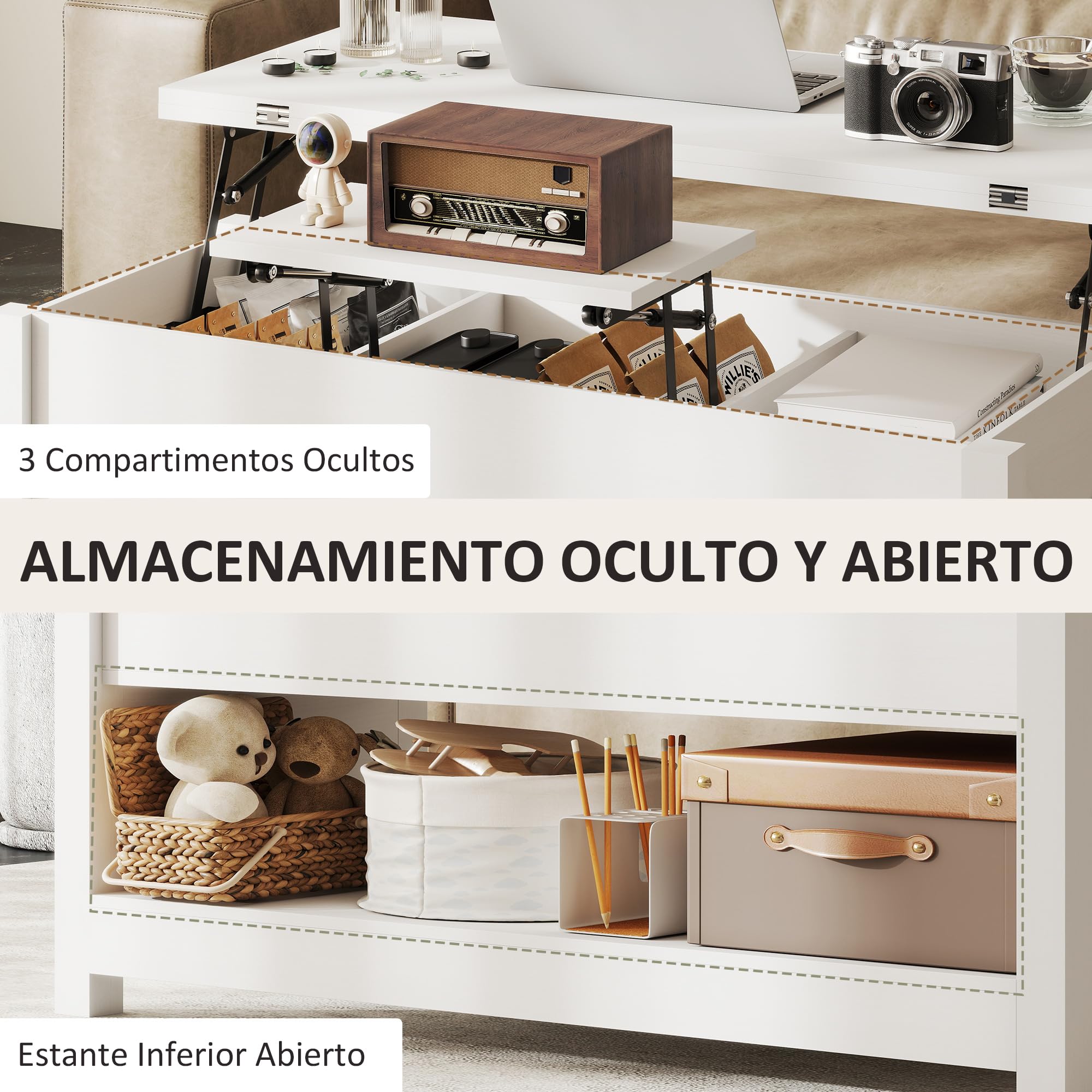 HOMCOM Mesa de Centro Elevable y Extensible Comedor 100x90x64 cm Blanco | Mesa de Salón con Compartimentos Ocultos, Estante Abierto, para Oficina